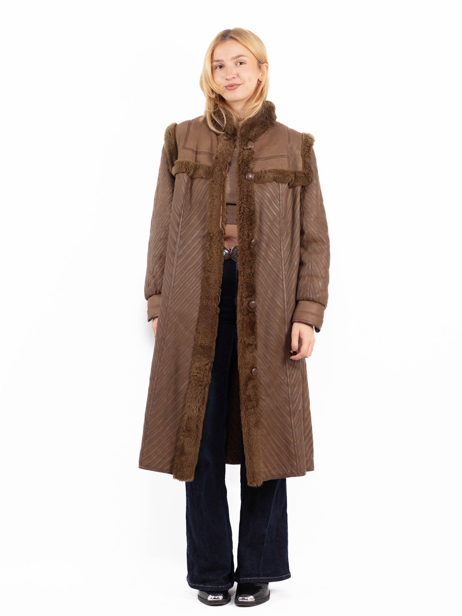 Vintage 80's Women Sheepskin Coat in Brown by Northern Grip