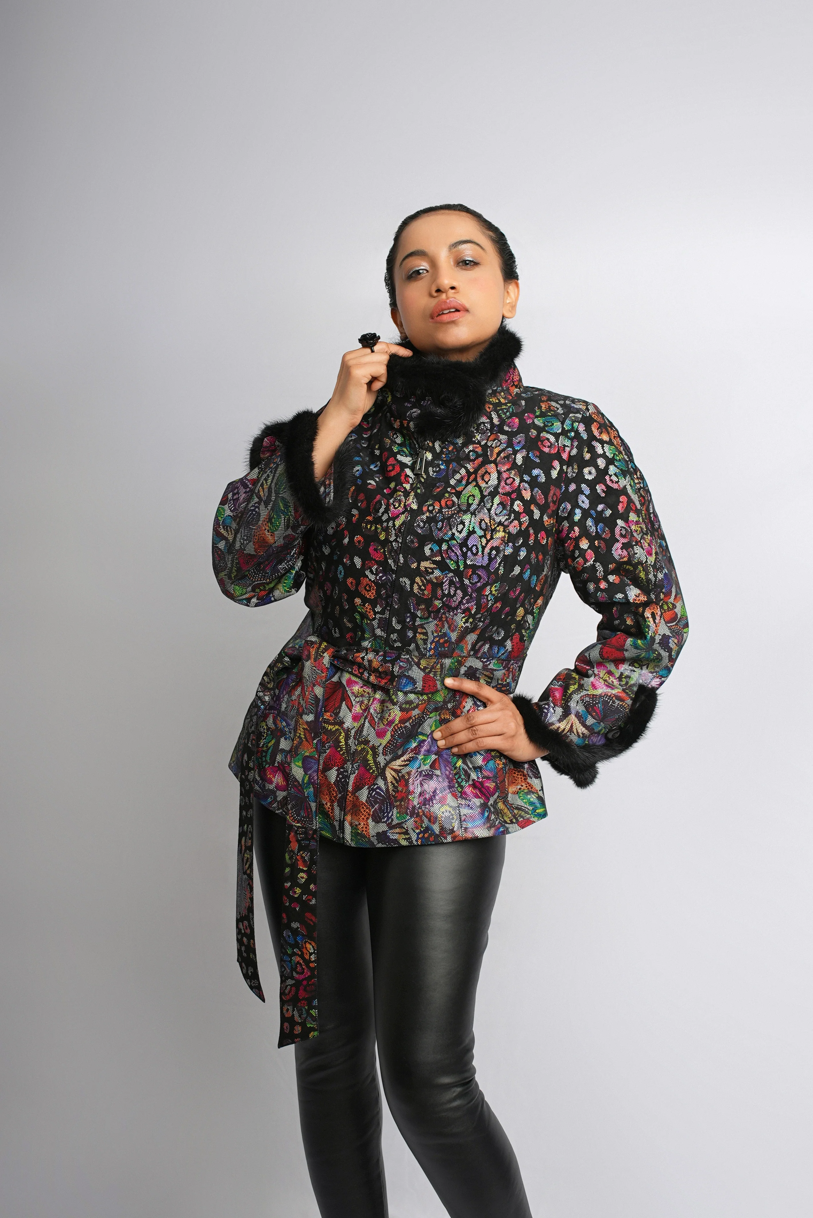 Kaleidoscope Lamb Leather Jacket with Mink Fur Accents by Kolleen Boutique