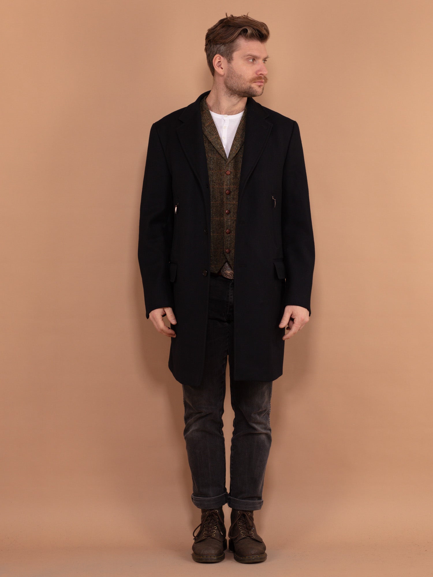 Vintage 90's Men Wool Blend Coat in Navy Blue by Northern Grip