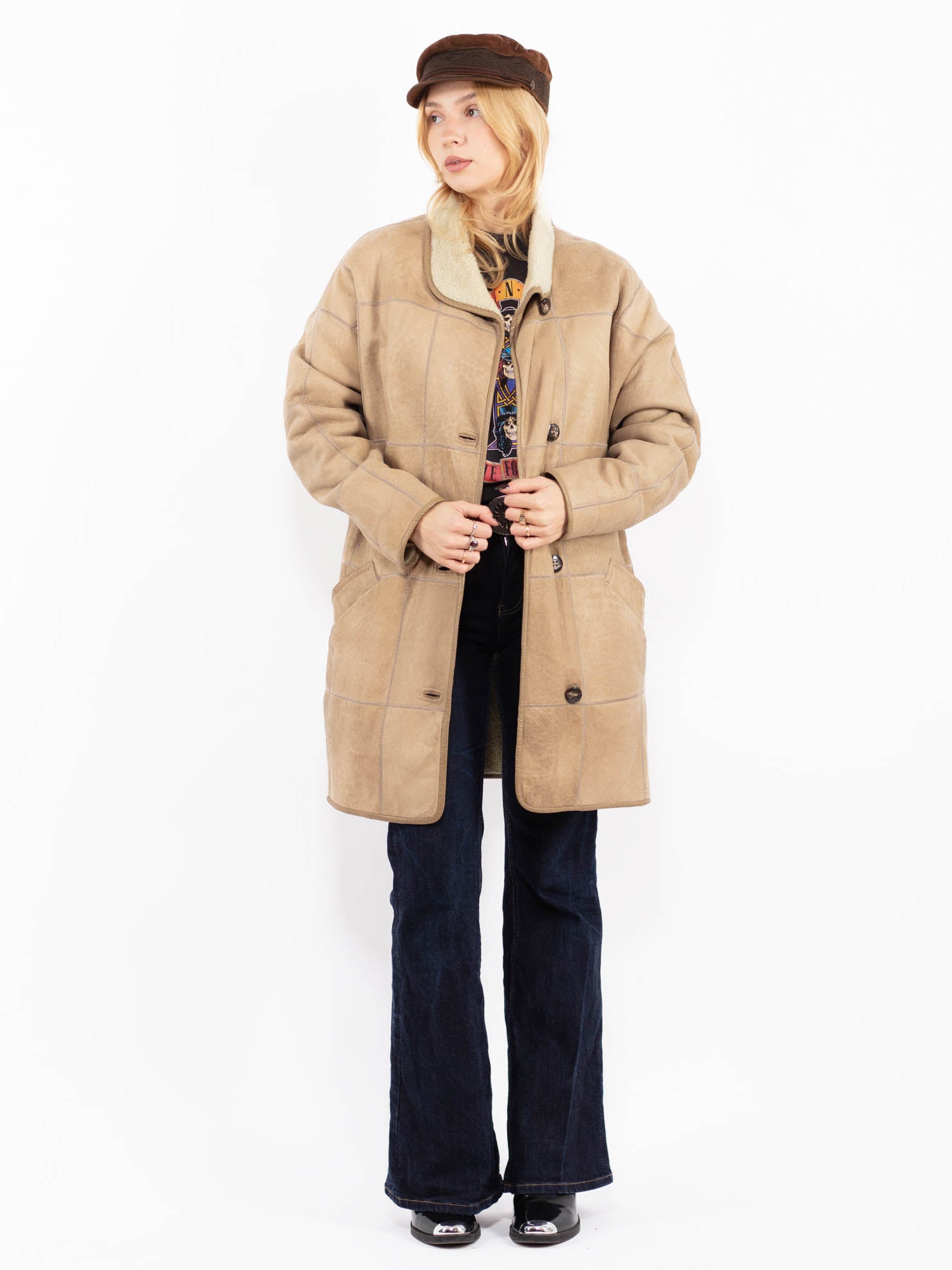 Vintage 90's Women Sheepskin Coat in Beige by Northern Grip