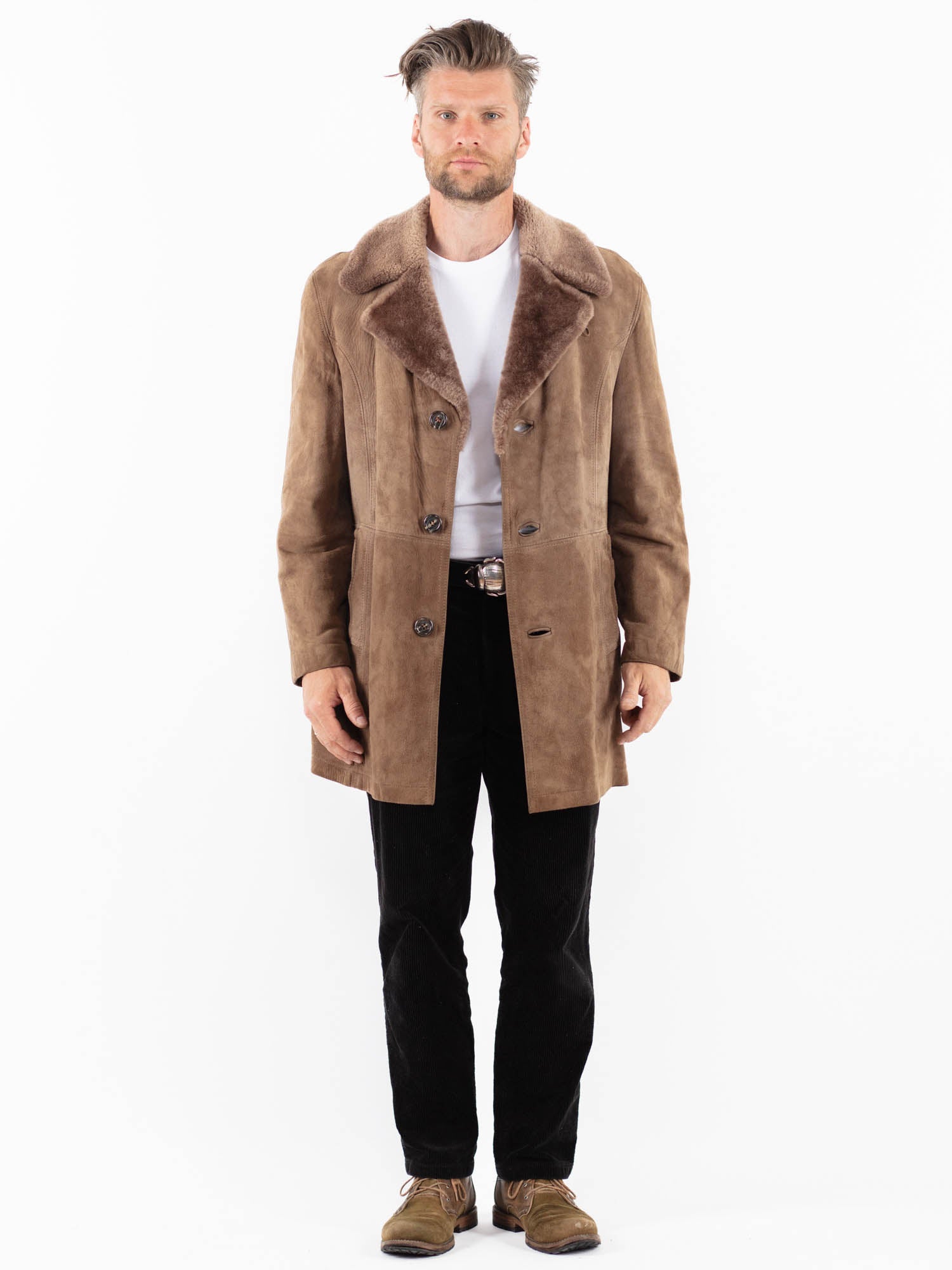 Vintage 70's Men Suede Sherpa Coat in Beige by Northern Grip