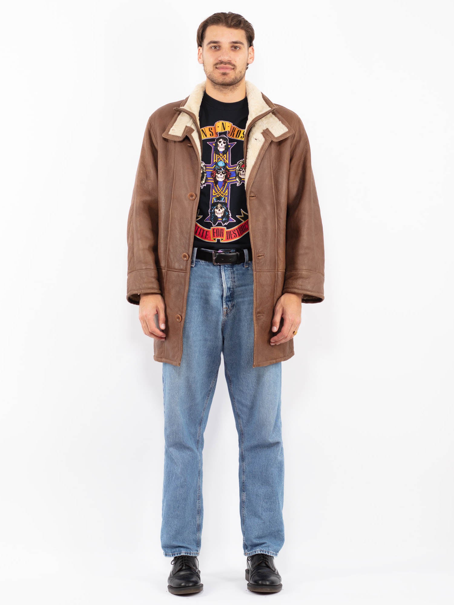 Vintage 90's Men Zip Up Shearling Leather Coat in Brown by Northern Grip