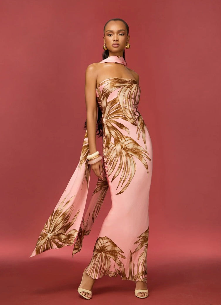 Rococo Sand Fawn Strapless Maxi Dress by Sierra Deene