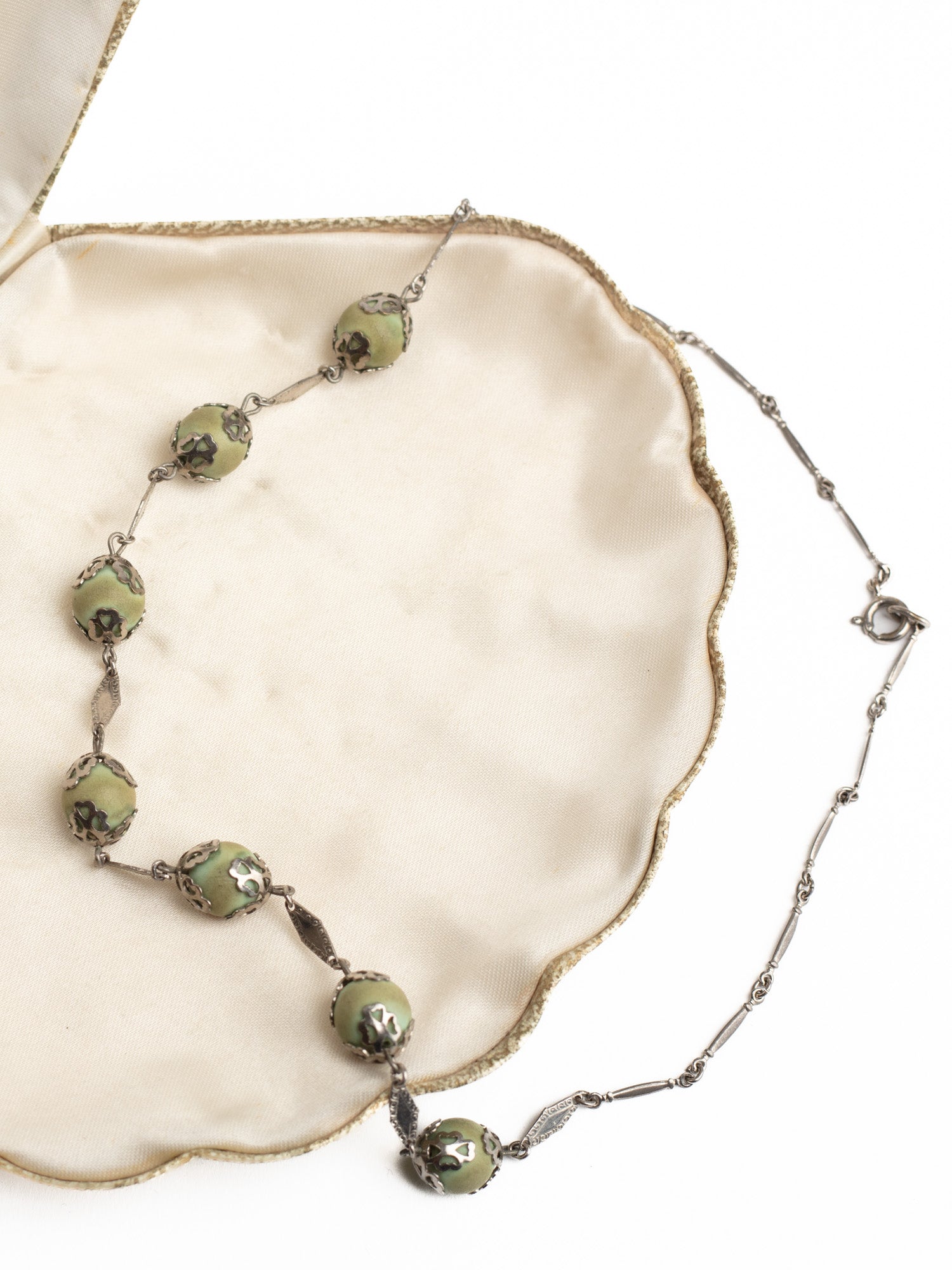 Vintage 30s Art Deco Green Bead Necklace with Filigree Caps by Northern Grip