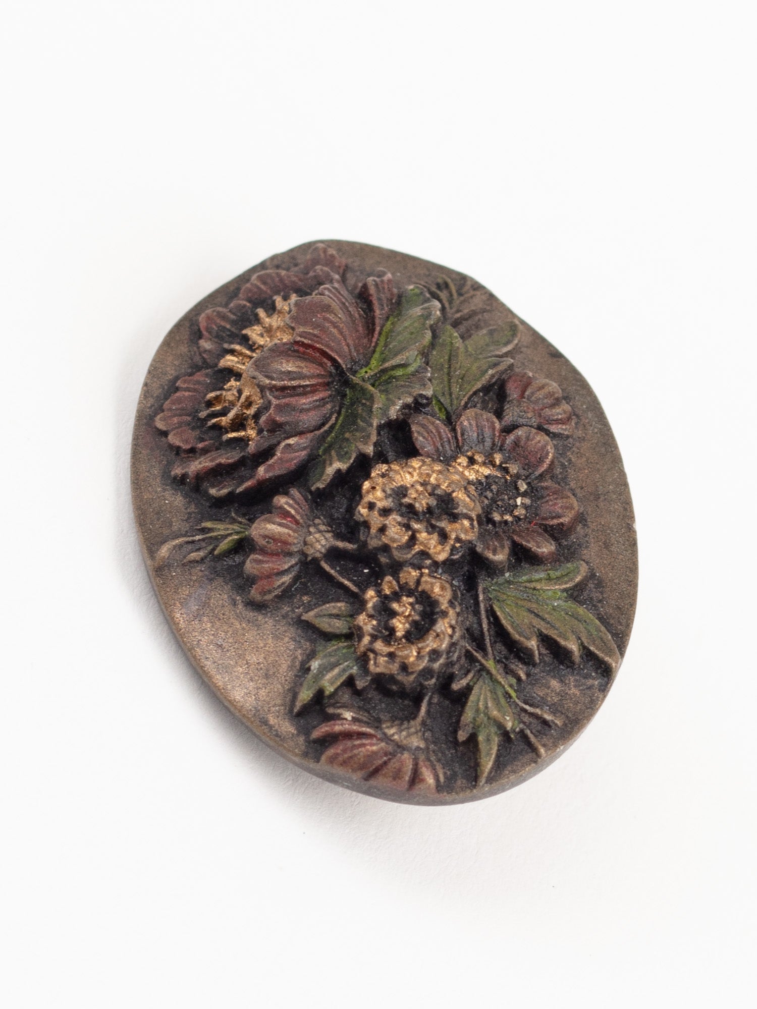 Antique 1920s Carved Floral Brooch in Painted Bakelite, Rustic Botanical Pin with Brass Backing, Handcrafted Vintage Jewelry Gift by Northern Grip