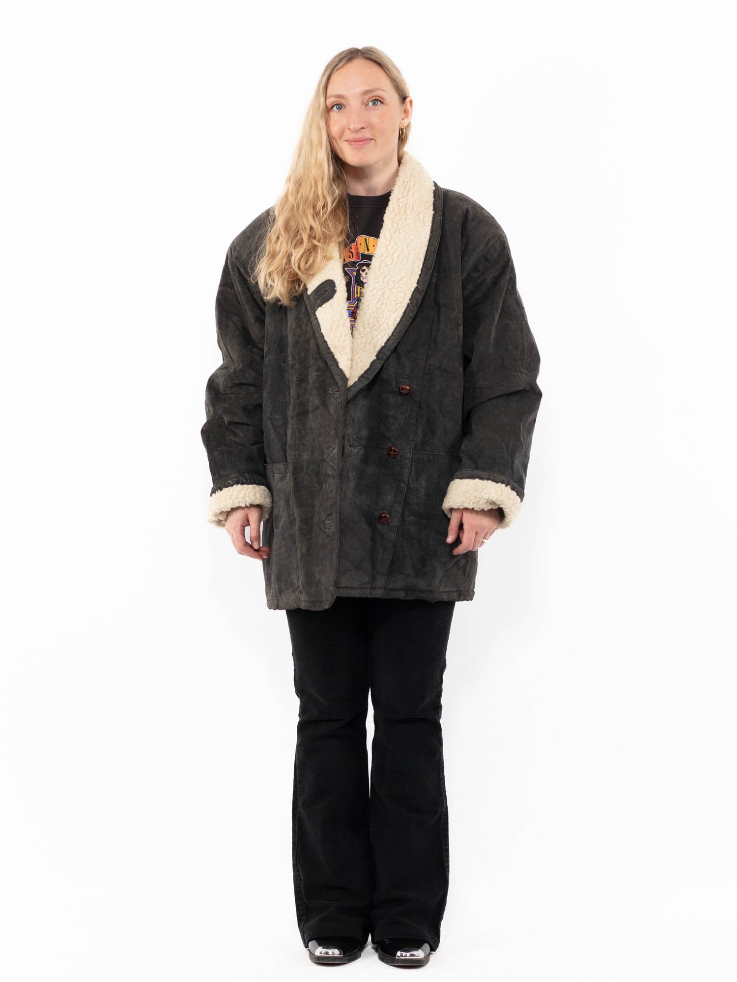 Vintage 90's Women Suede Sherpa Coat in Gray by Northern Grip
