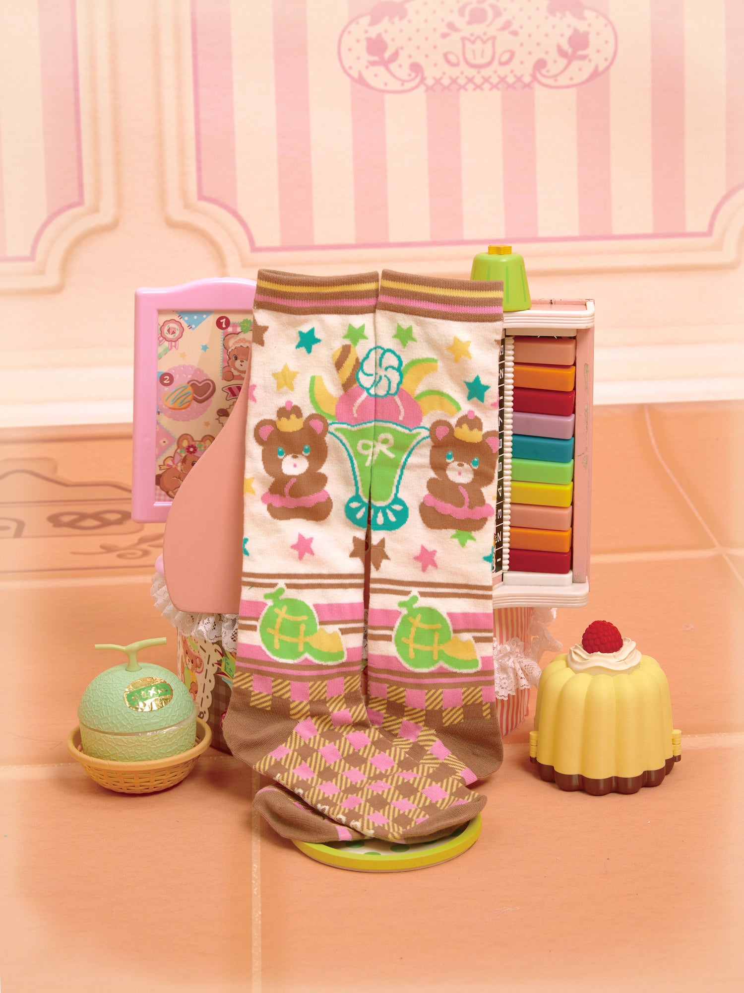 Decora Kei Bear Melon Parfait Plaid Mid Calf Socks - Cotton Cute Style - Lutra Jump by Land Decora