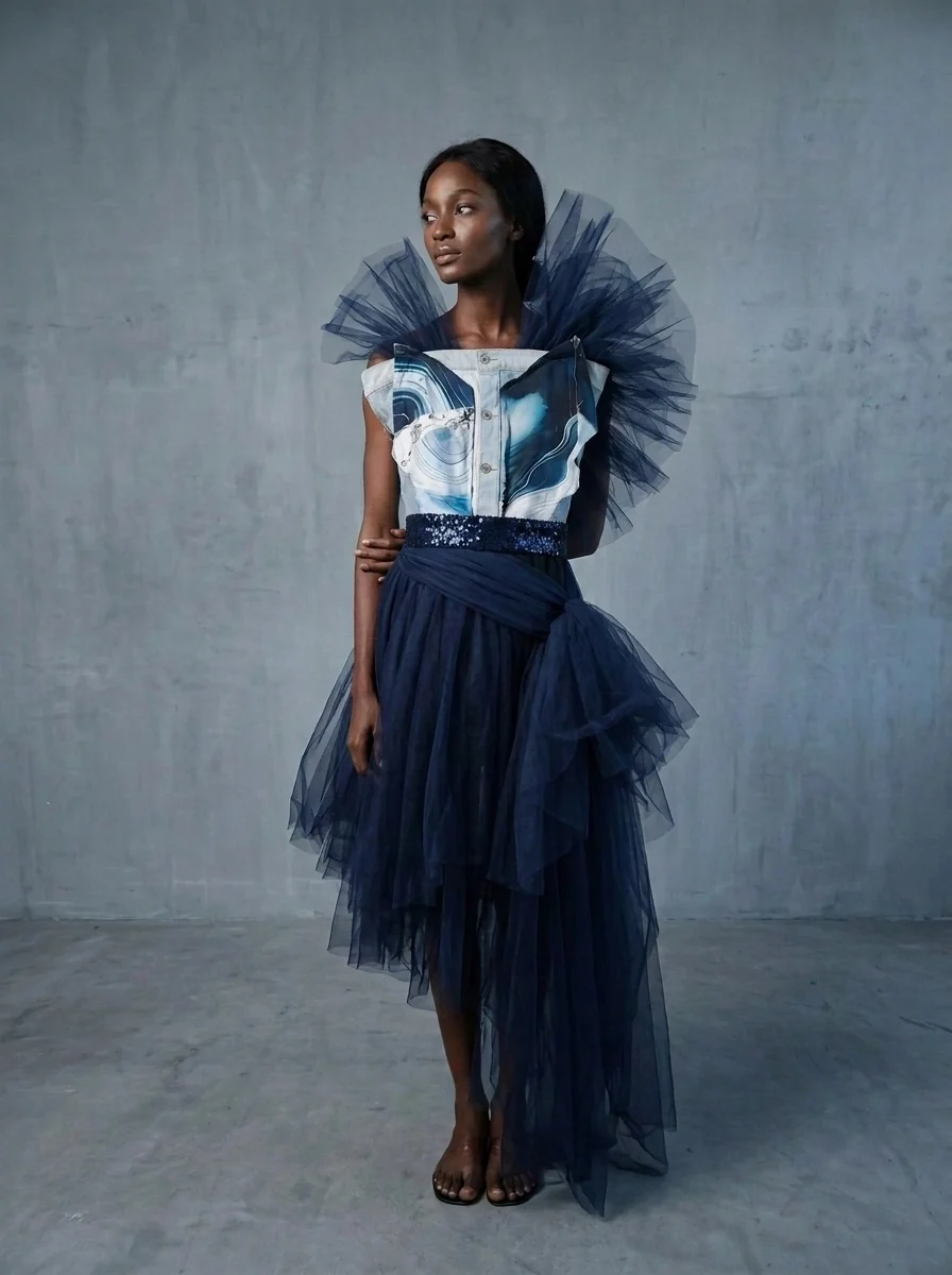 Denim Organza Chiffon Dress – Evening Edition by Shore Darling Co.