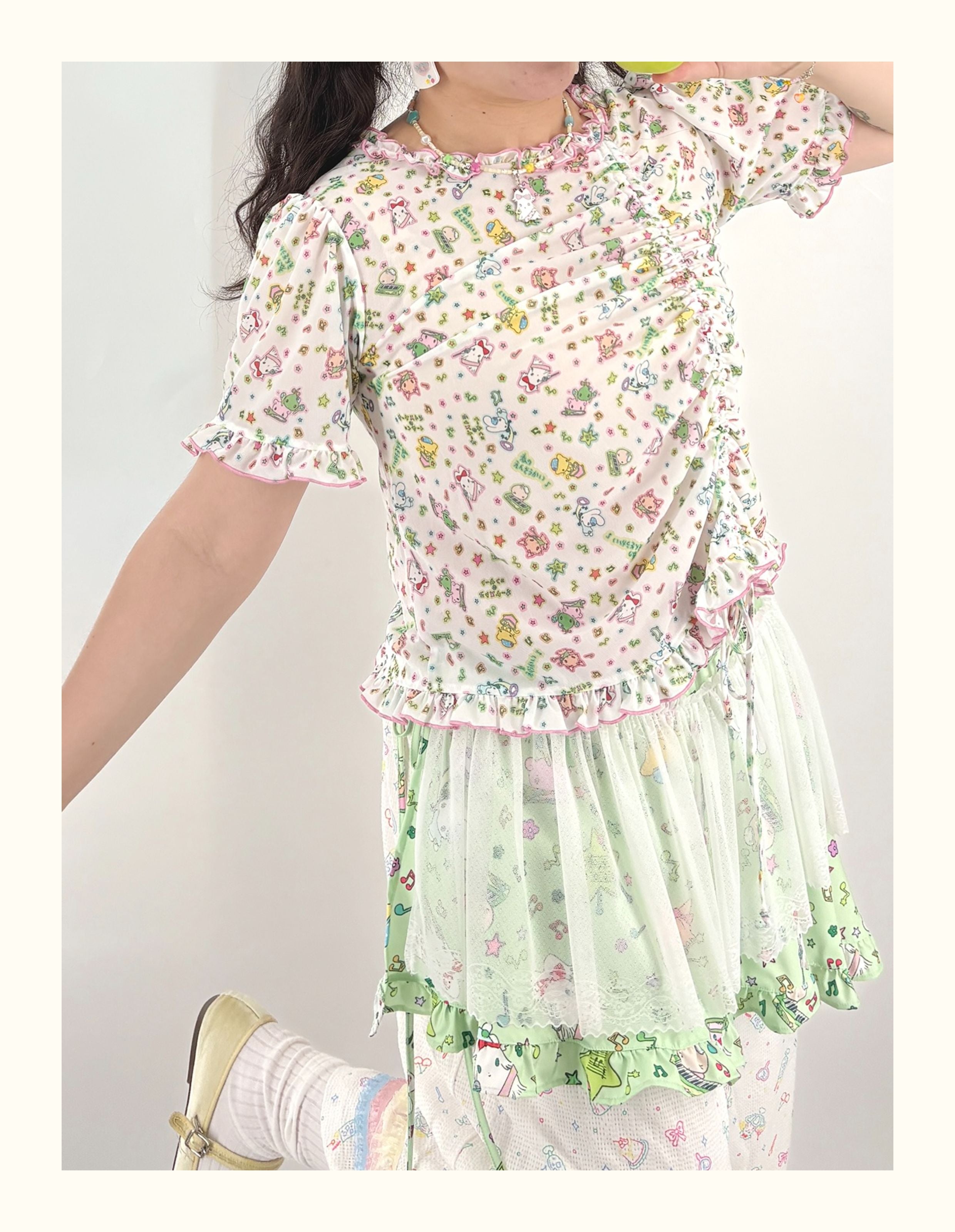 Shishihshop Puff Sleeve Drawstring Tee | Harajuku Stretchy Kawaii T-sh by Land Decora