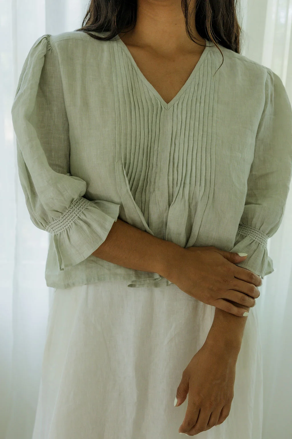 Libbie Blouse - Eucalyptus 100% Linen by Road to Rodanthe