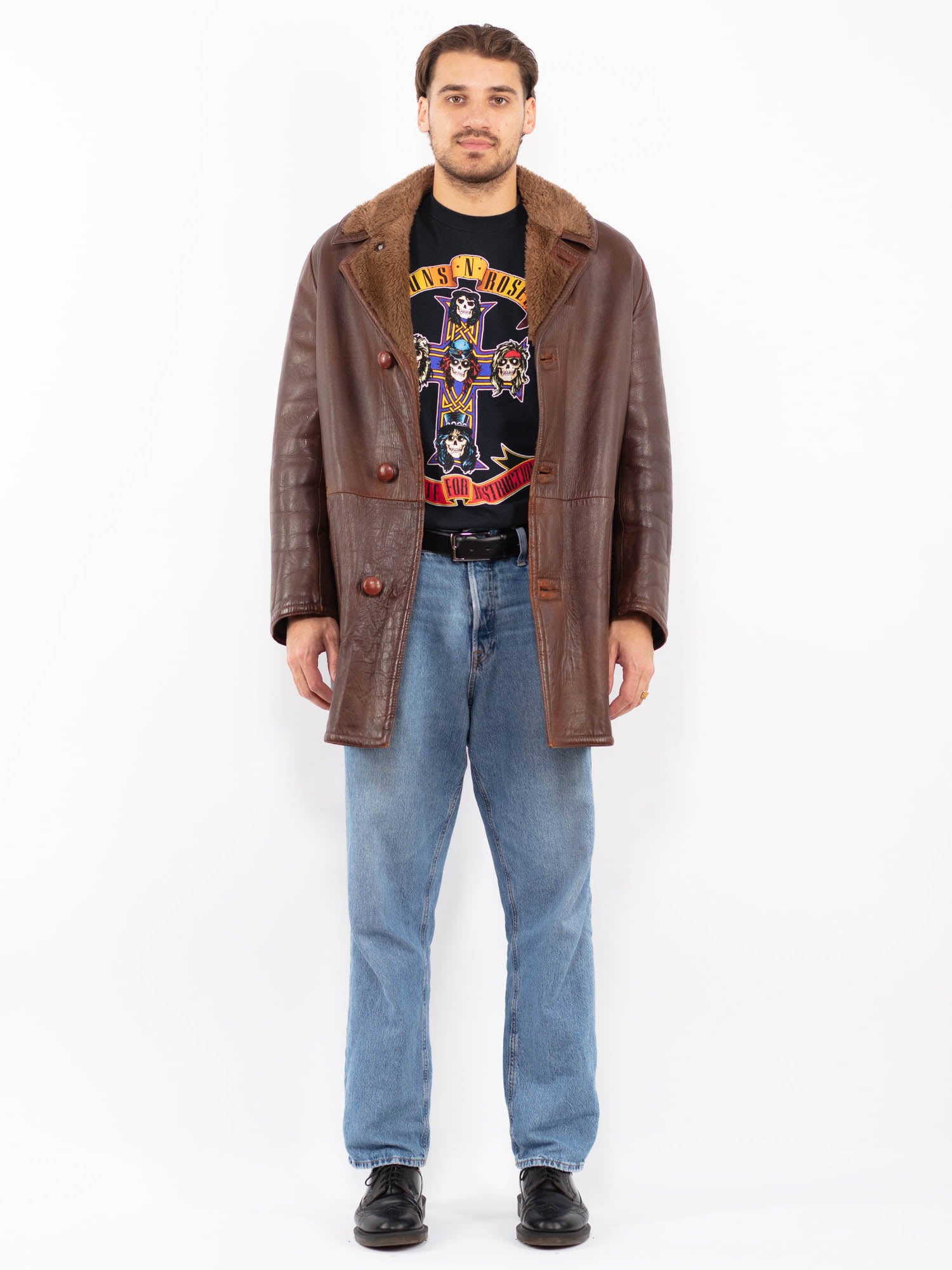 Vintage 70's Men Leather Sherpa Coat in Brown by Northern Grip