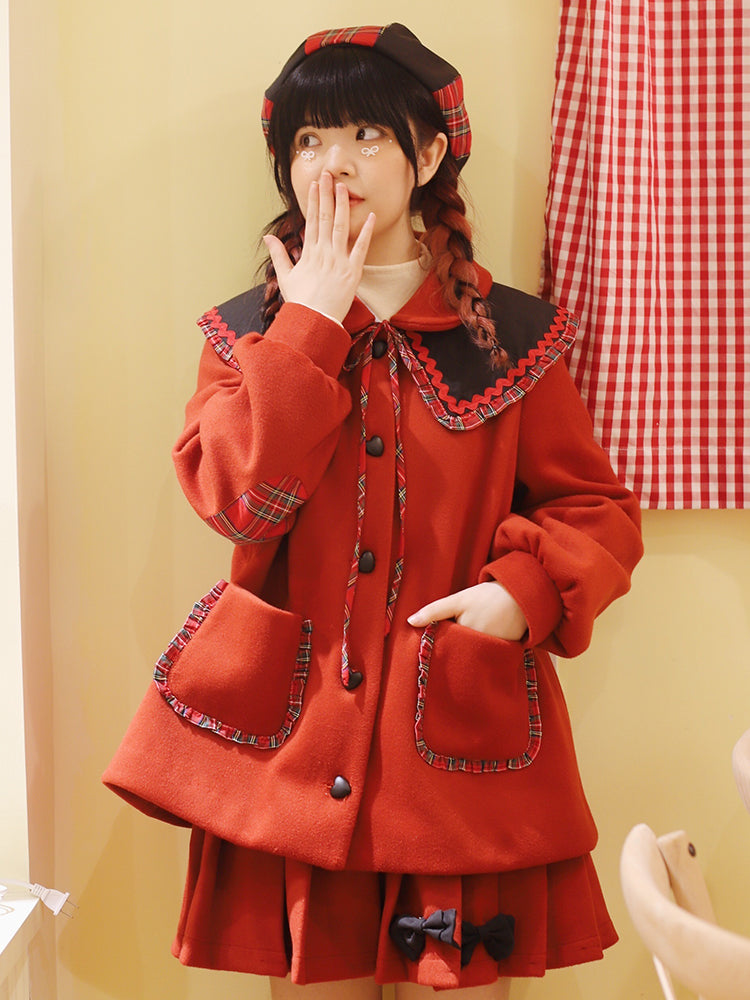 Kawaii Christmas Red Pleated Skirt - Wool-Look Elastic Waist - Mameya by Land Decora