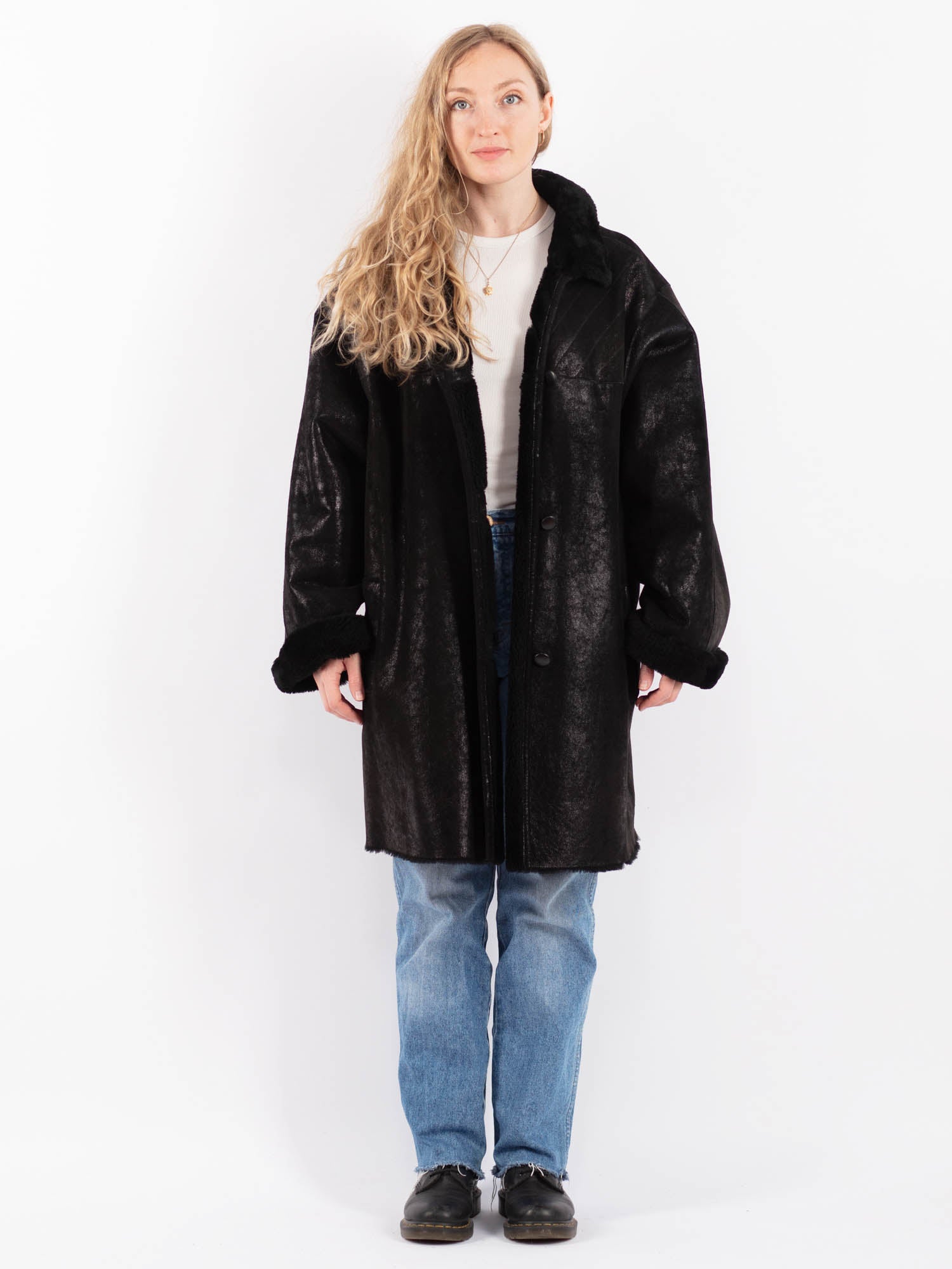 Vintage 90's Women Oversized Sheepskin Coat in Black by Northern Grip