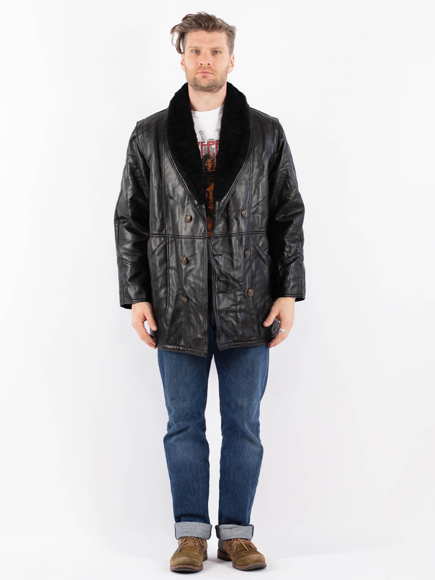 Vintage 90's Men Faux Sheepskin Coat in Black by Northern Grip