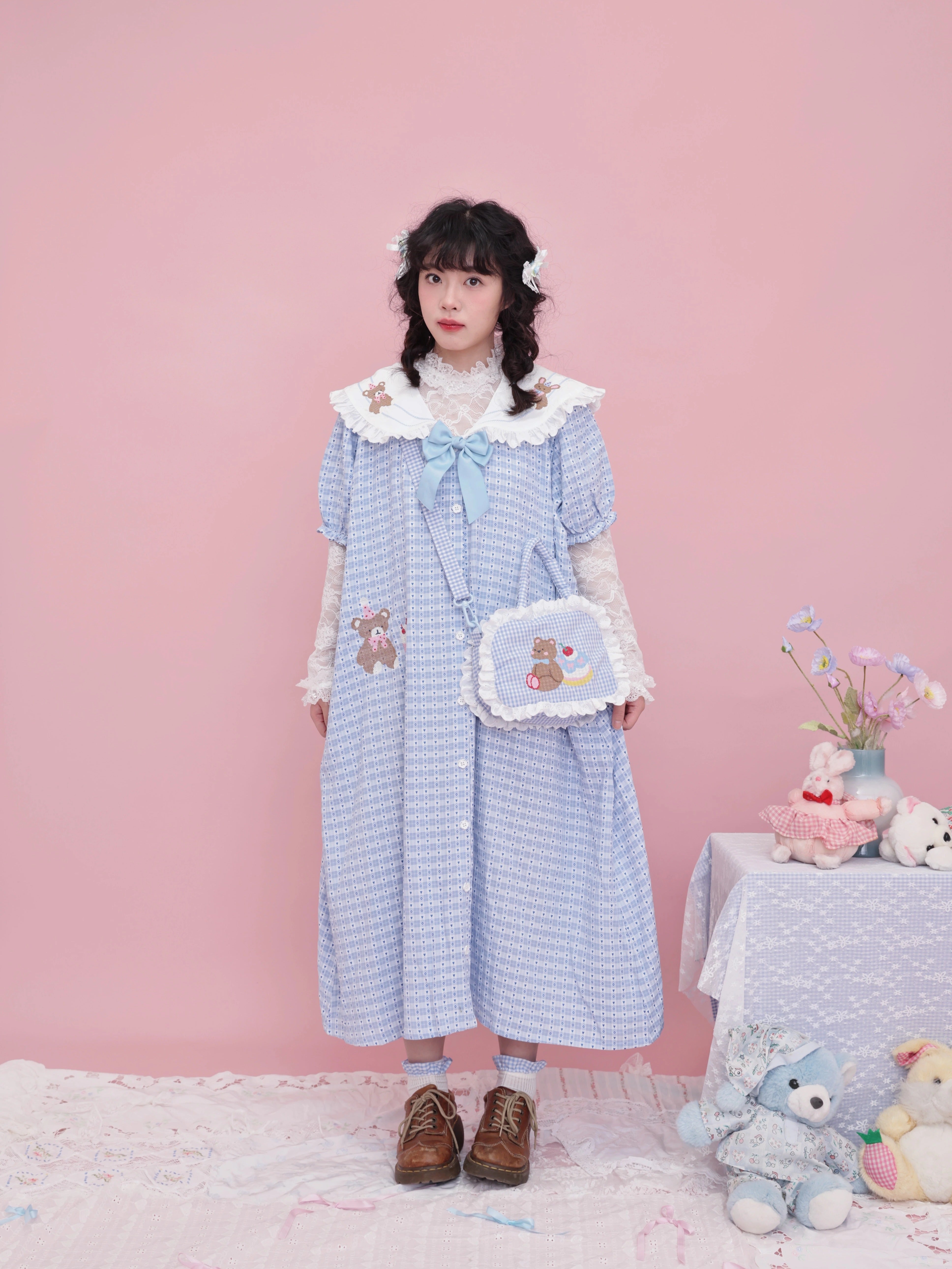 SemenCoicis Vintage Sailor Collar Dress | Kawaii Bear Motif & Heart Ch by Land Decora