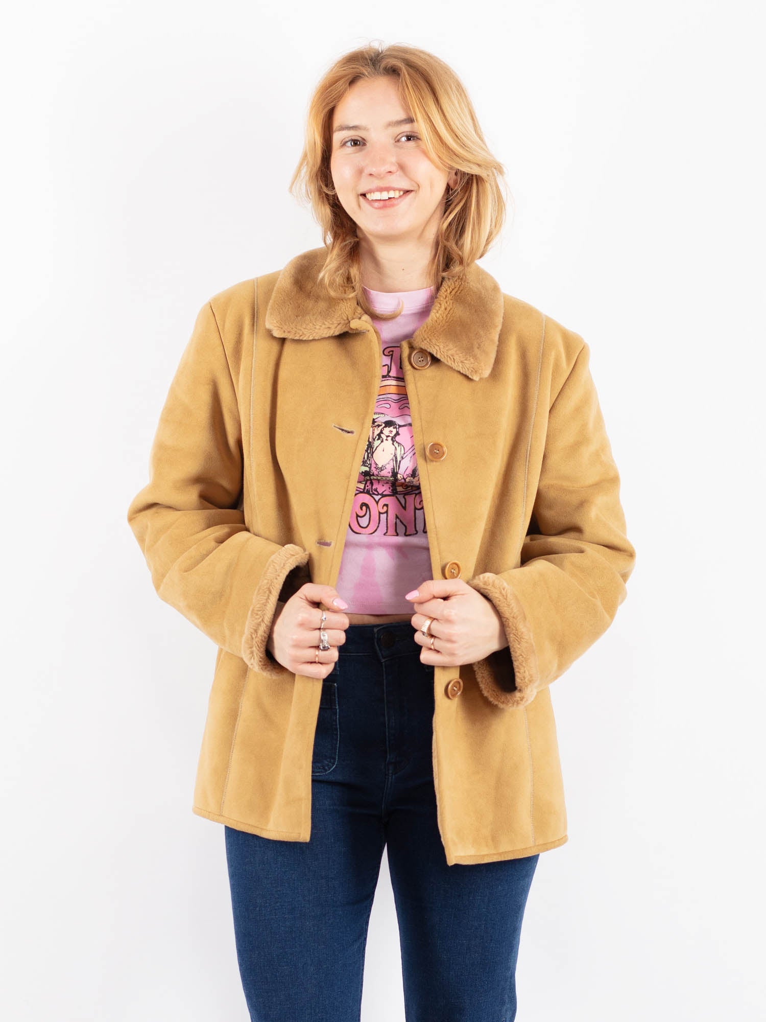 Vintage 90's Women Faux Sheepskin Jacket in Beige by Northern Grip