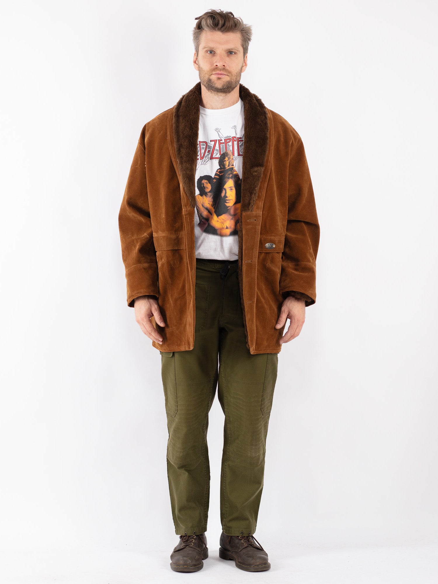 Vintage 90's Men Faux Sheepskin Coat in Brown by Northern Grip