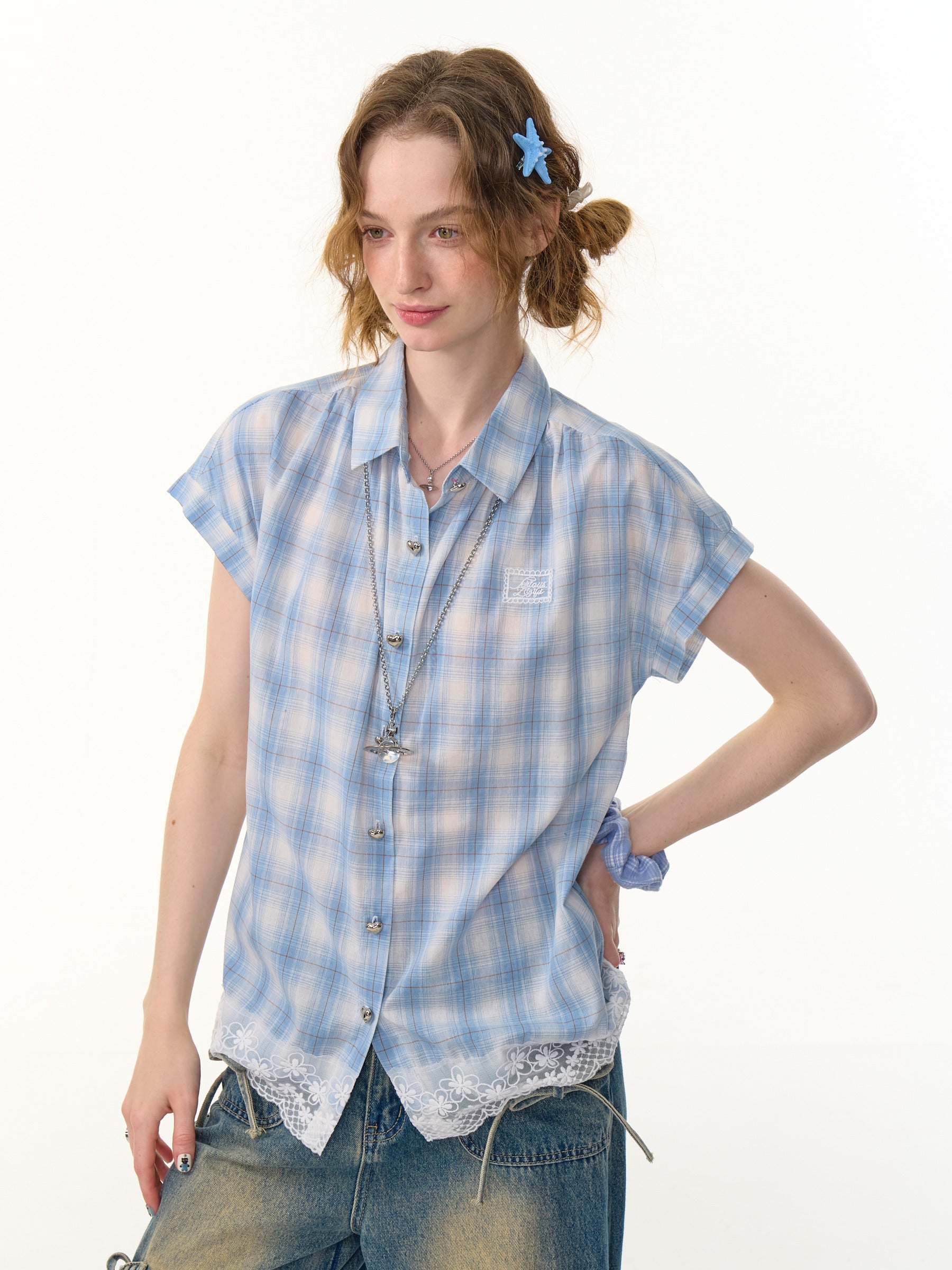 Girly Blue Plaid Lace Short Sleeve Shirt - ziziFei by Land Decora