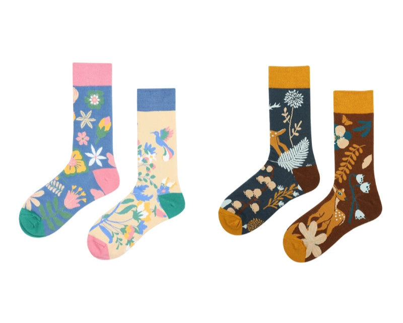 Decora Kei Mismatched Socks Birds Deer Singing by Land Decora