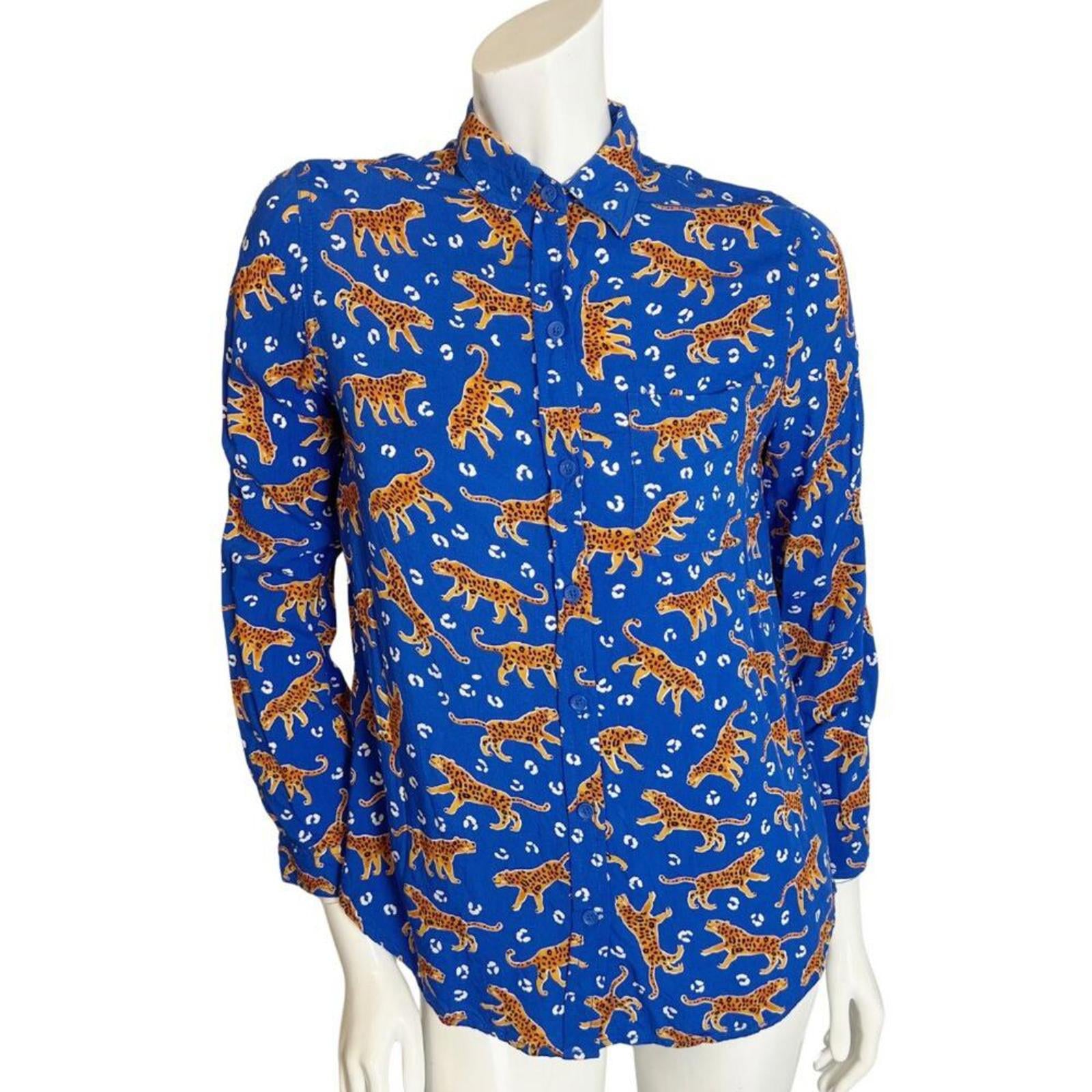 BeachLunchLounge Blue Leopard Animal Long Sleeve Button Up Blouse Wome by Hot Girl Secondhand