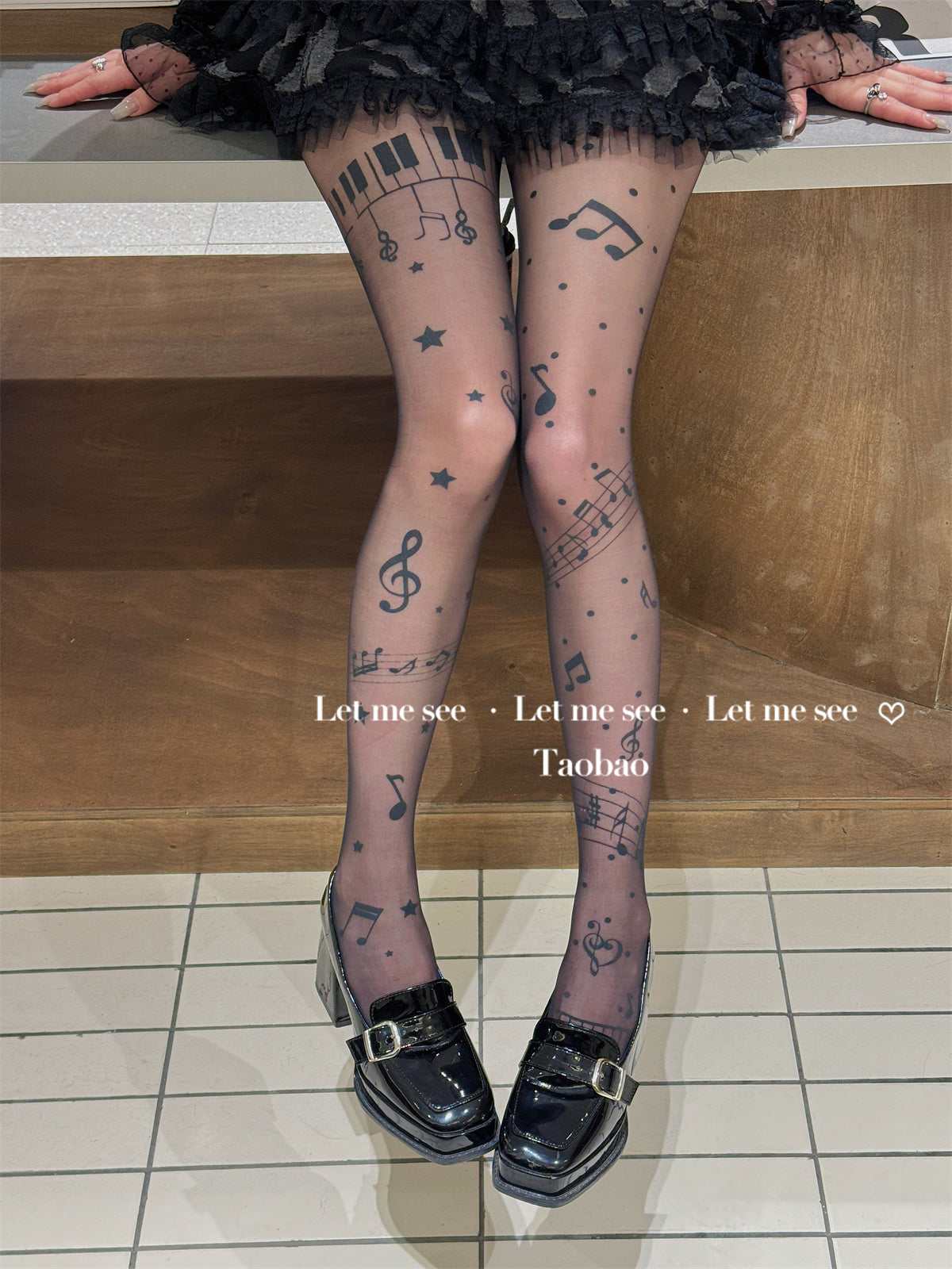 LET ME SEE Original Music Note Print Tights | Subculture Y2K Black She by Land Decora