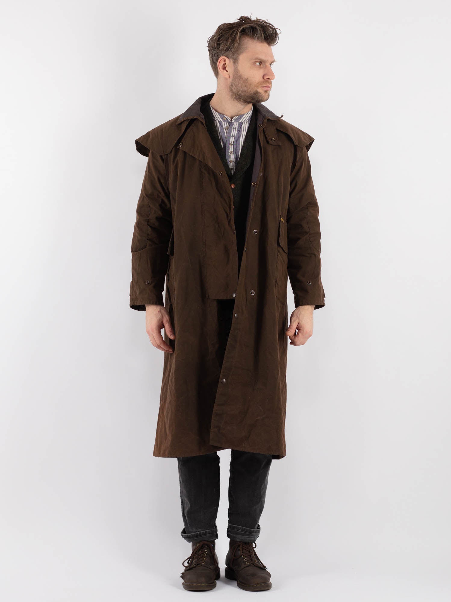 Vintage 90's Men Driza Bone Waxed Canvas Riding Coat in Brown by Northern Grip