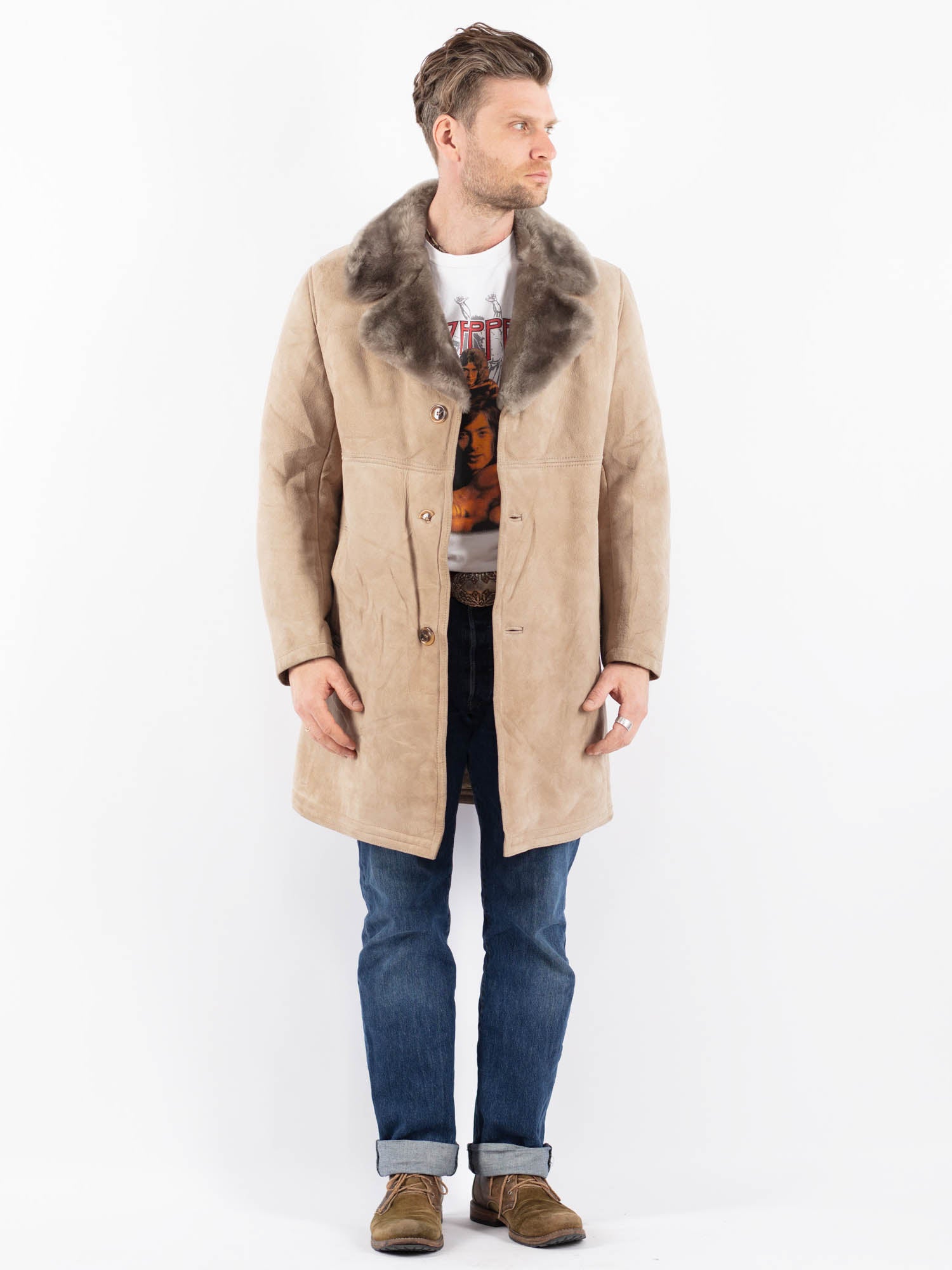 Vintage 70's Men Sheepskin Coat in Beige by Northern Grip