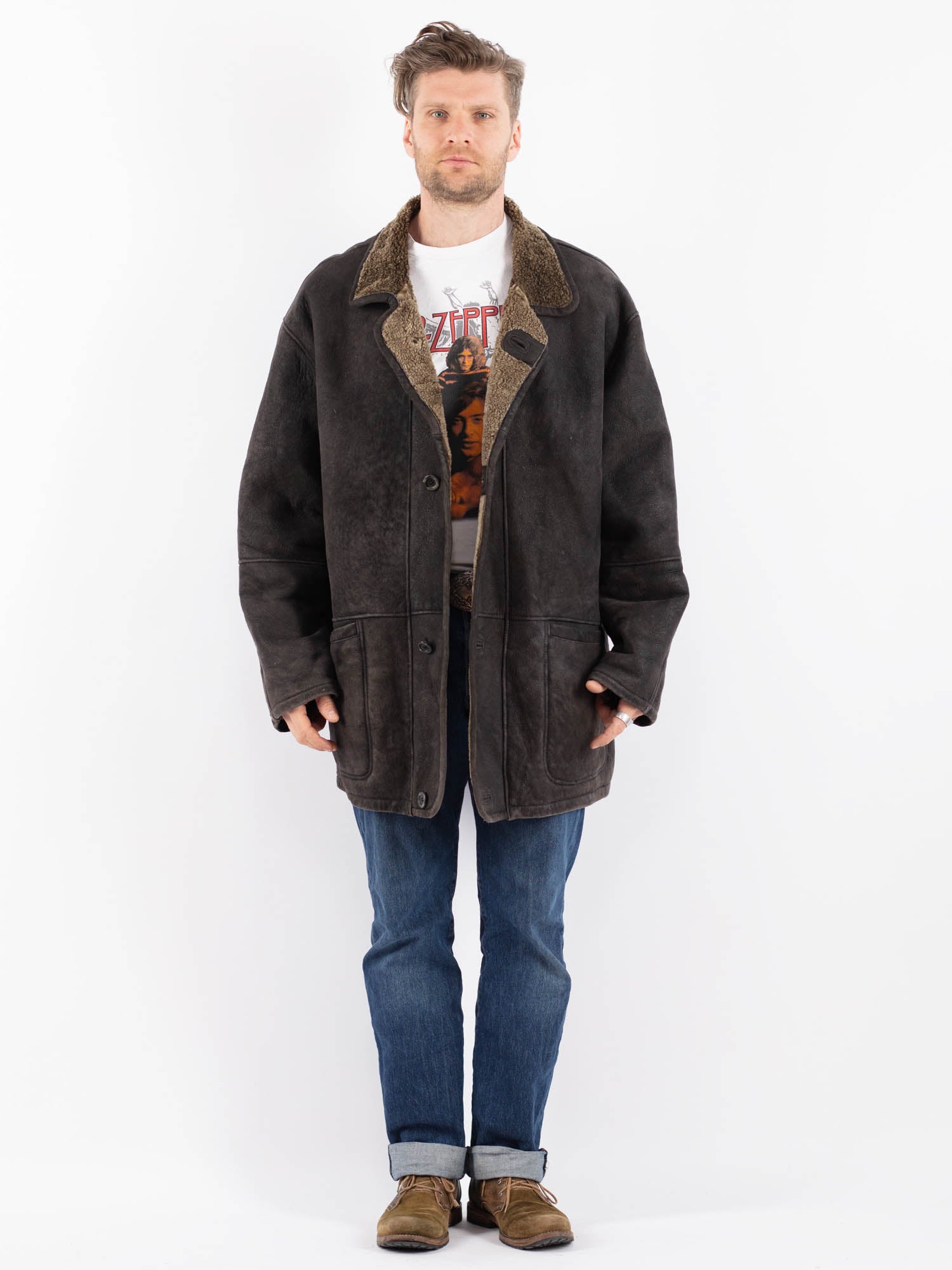 Vintage 90's Men Sheepskin Coat in Black by Northern Grip