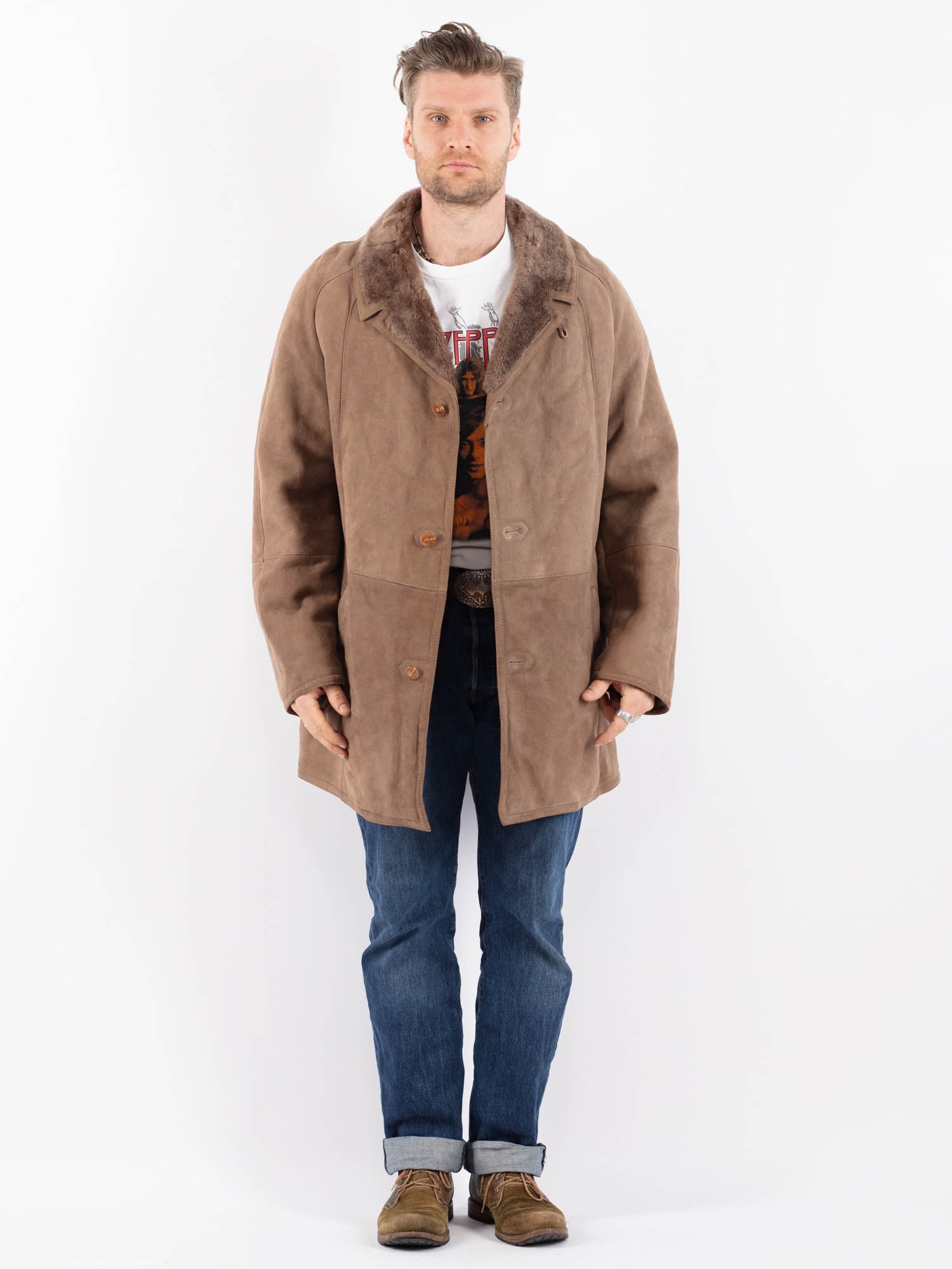 Vintage 80's Men Sheepskin Coat in Beige by Northern Grip