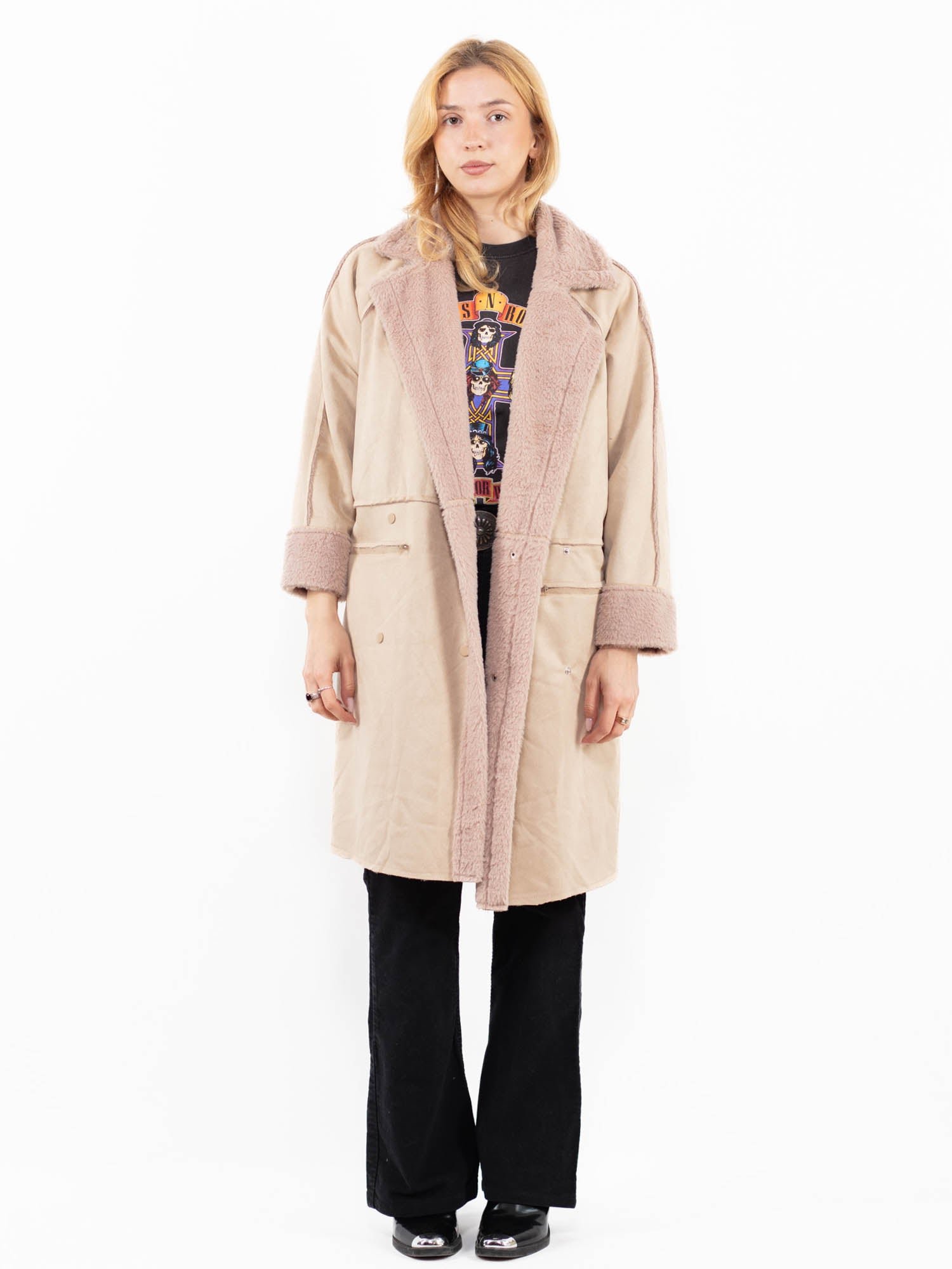Vintage 00's Women Faux Sheepskin Coat in Beige by Northern Grip