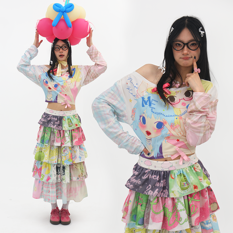 NeogoMade Twin Stars Crop Top | Harajuku Kawaii Off-Shoulder Plaid T-s by Land Decora