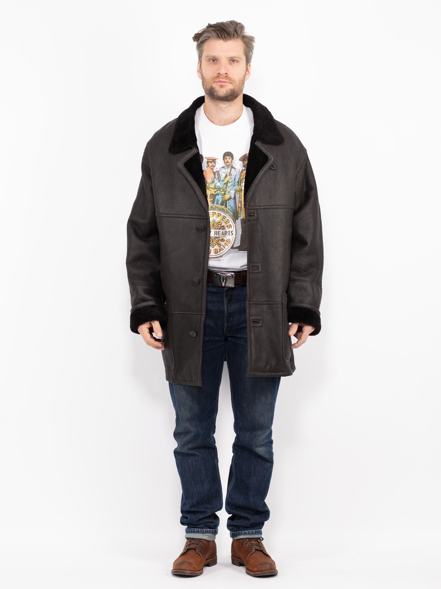 Vintage 70's Men Sheepskin Coat in Dark Gray by Northern Grip