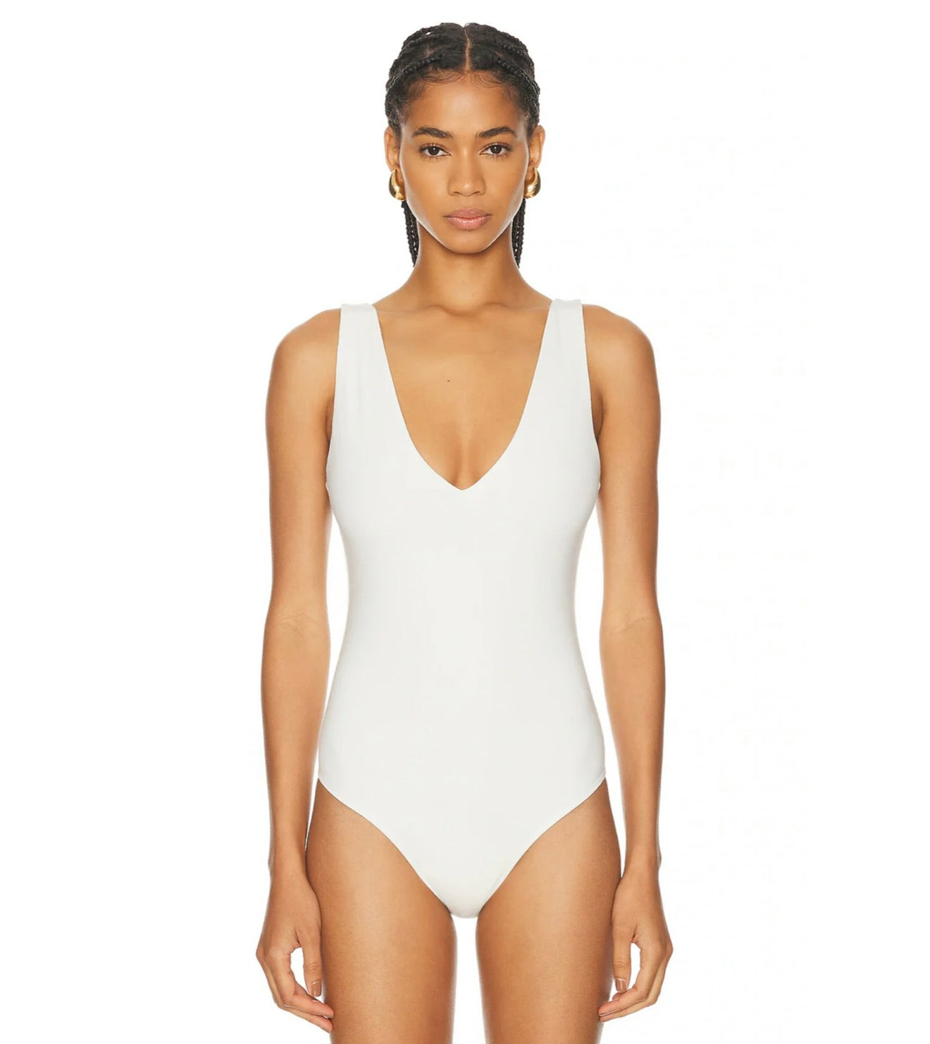 SANFS FAF Plunge V Bodysuit in White by Sierra Deene