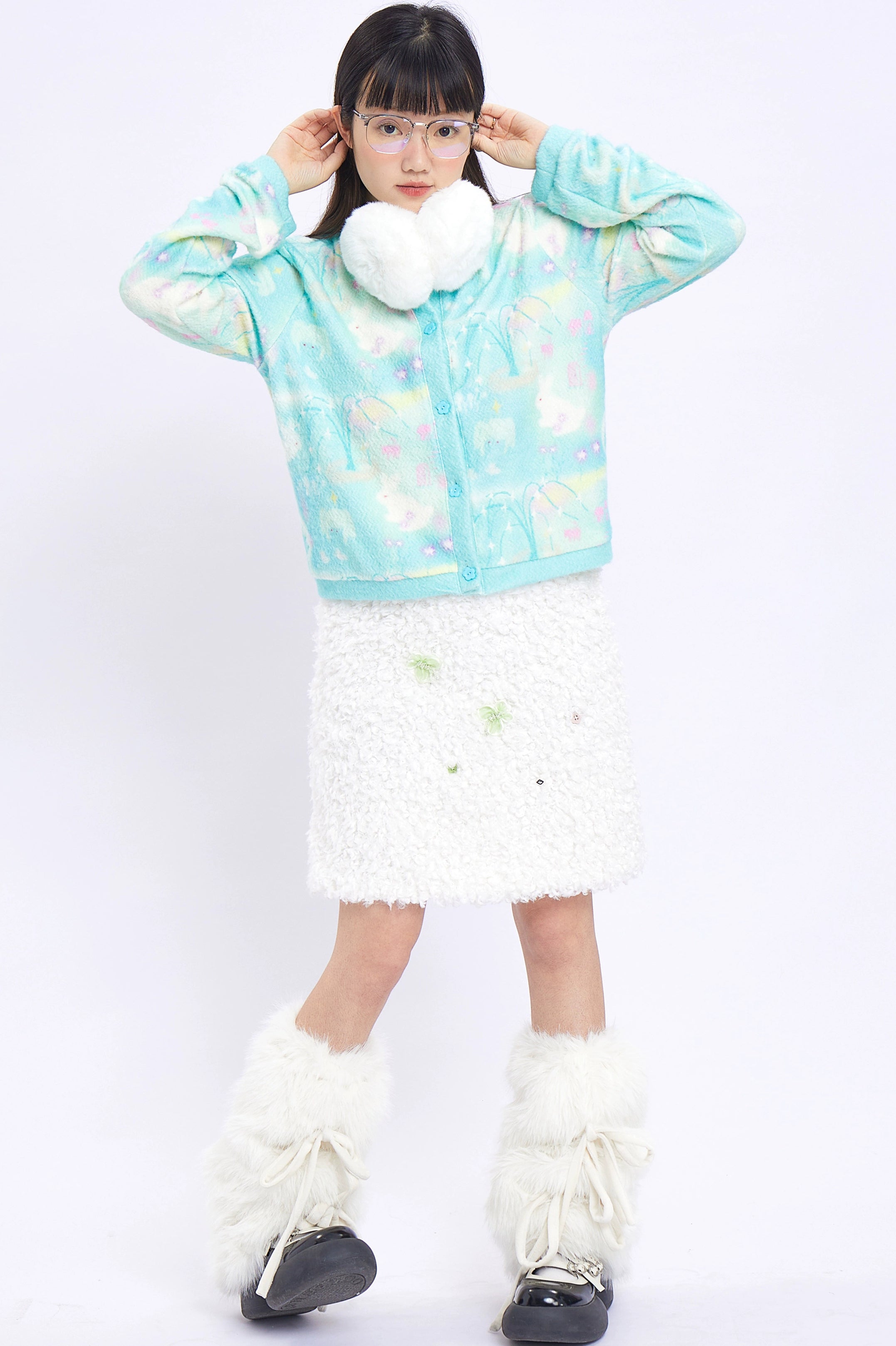 Harajuku Cardigan Light Green Knitted Rabbit Long Sleeve Crewneck Moon Meadow by Land Decora