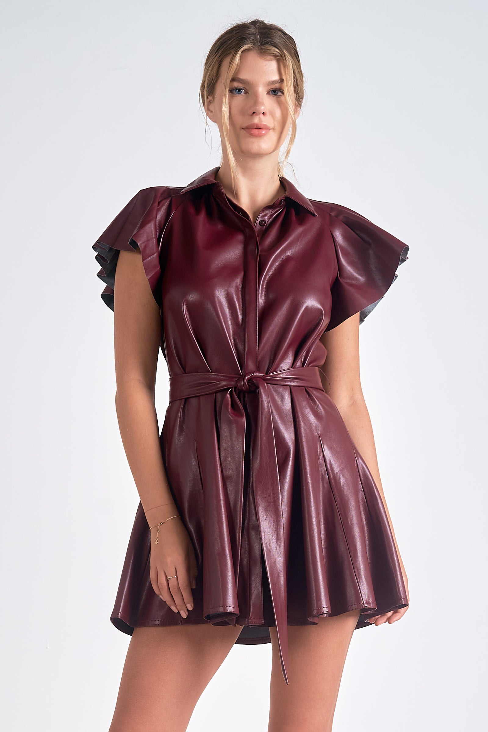 Faux Leather Mini Dress in Burgundy by Sierra Deene
