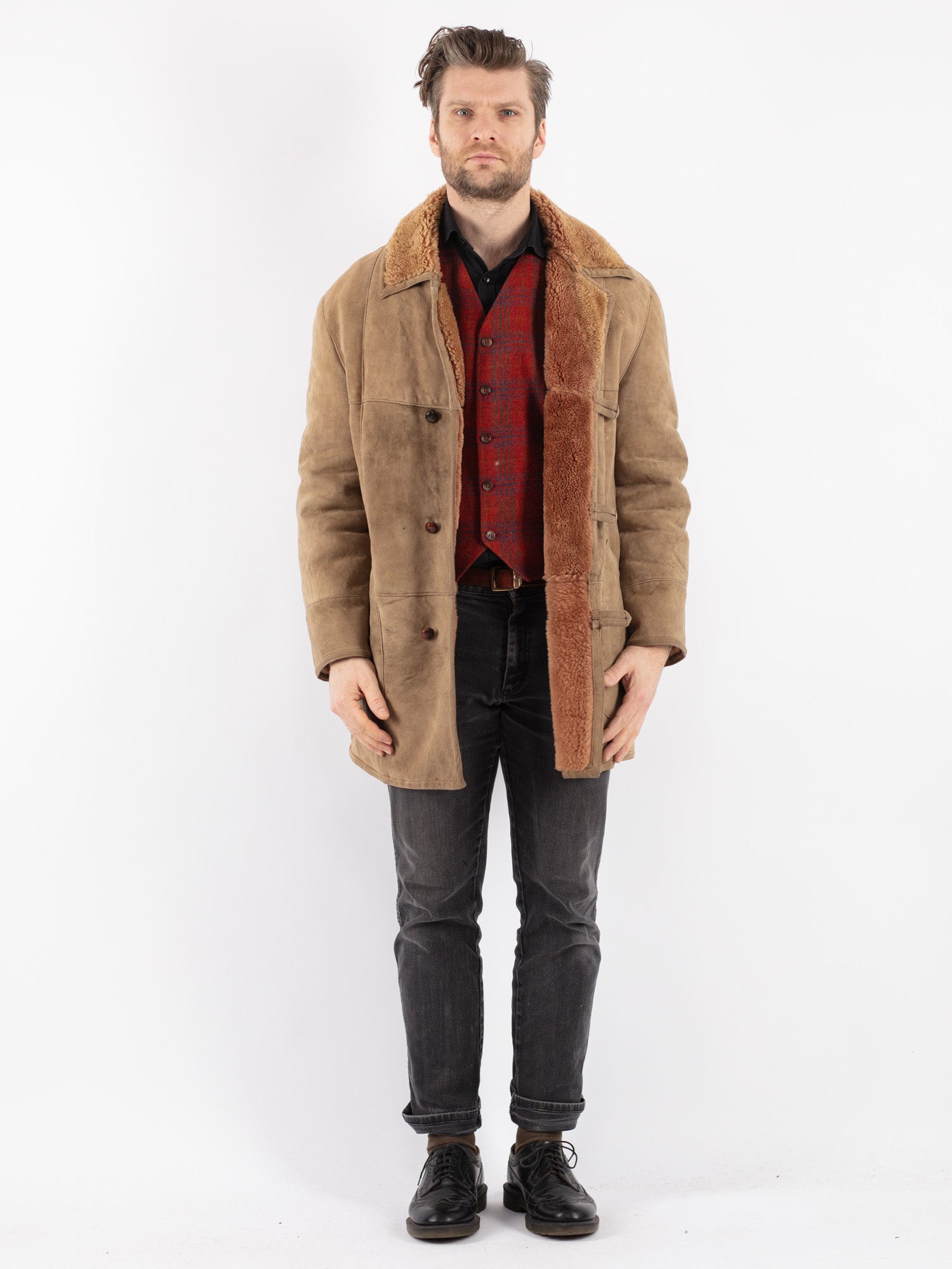 Vintage 70's Men Sheepskin Coat in Beige by Northern Grip