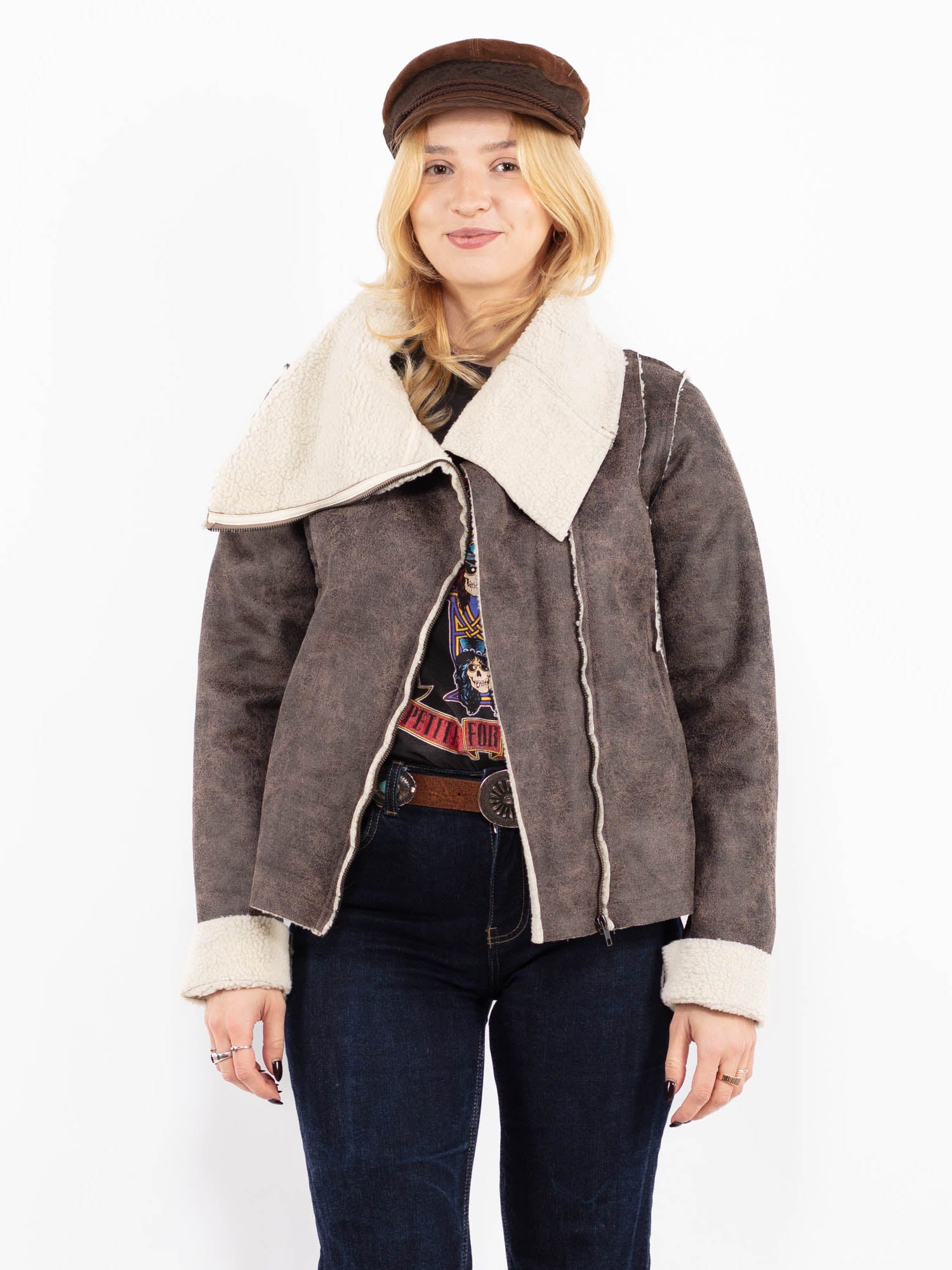 Vintage 00's Women Faux Sheepskin Jacket in Brown by Northern Grip