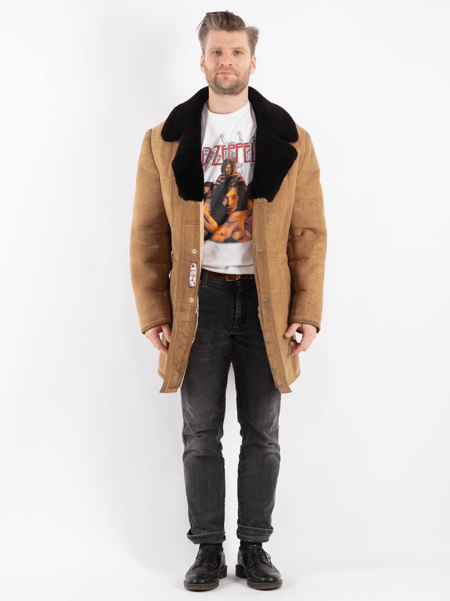 Vintage 70's Men Sheepskin Shearling Coat in Beige by Northern Grip