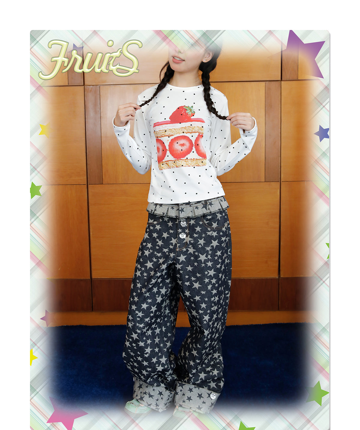 Kawaii Star Jacquard Denim Wide Leg Pants - FRUITS by Land Decora