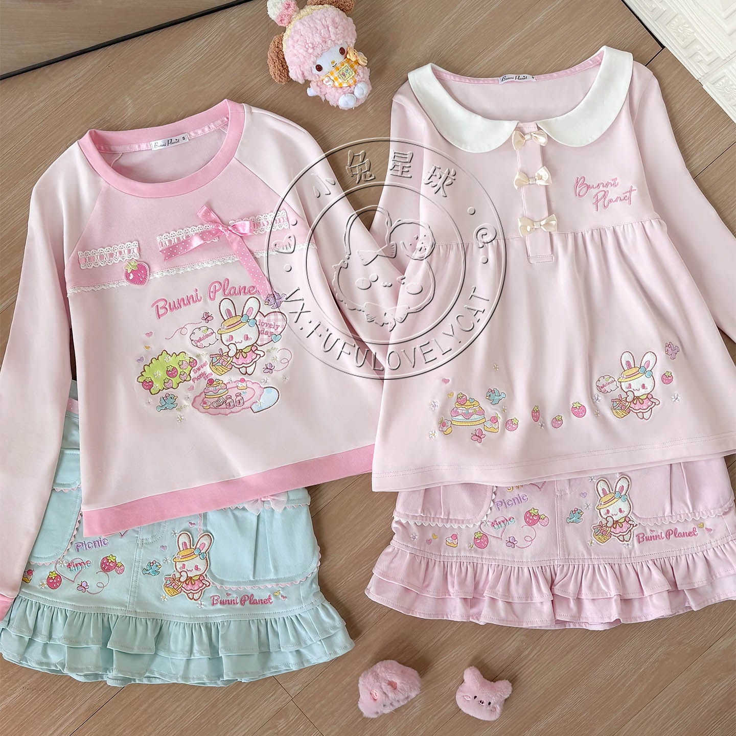 Decora Kei Picnic Bunny Embroidered Tee - Bunny Planet by Land Decora