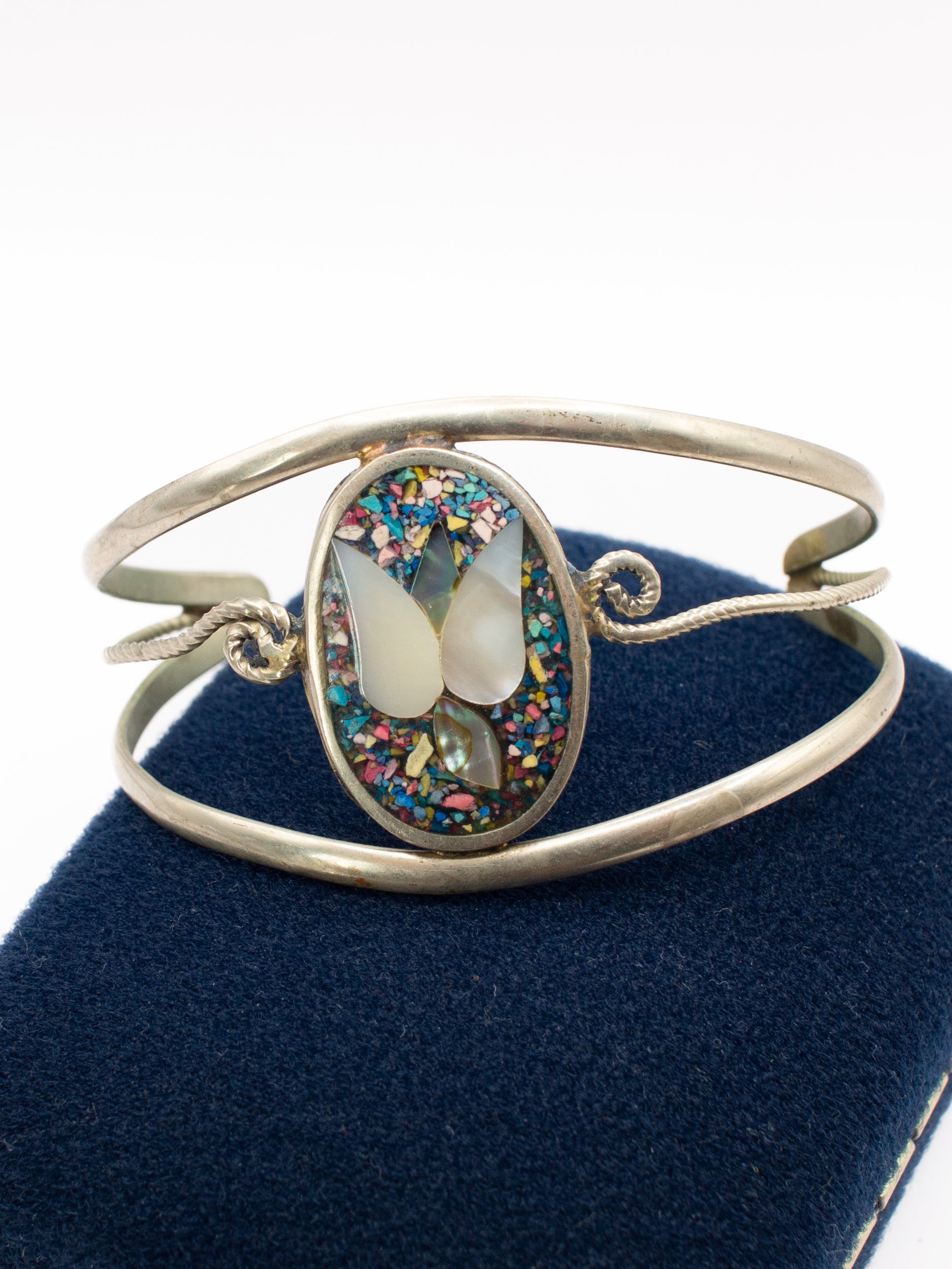 Vintage 60's Alpaca Mexico Butterfly Mosaic Cuff Bracelet by Northern Grip