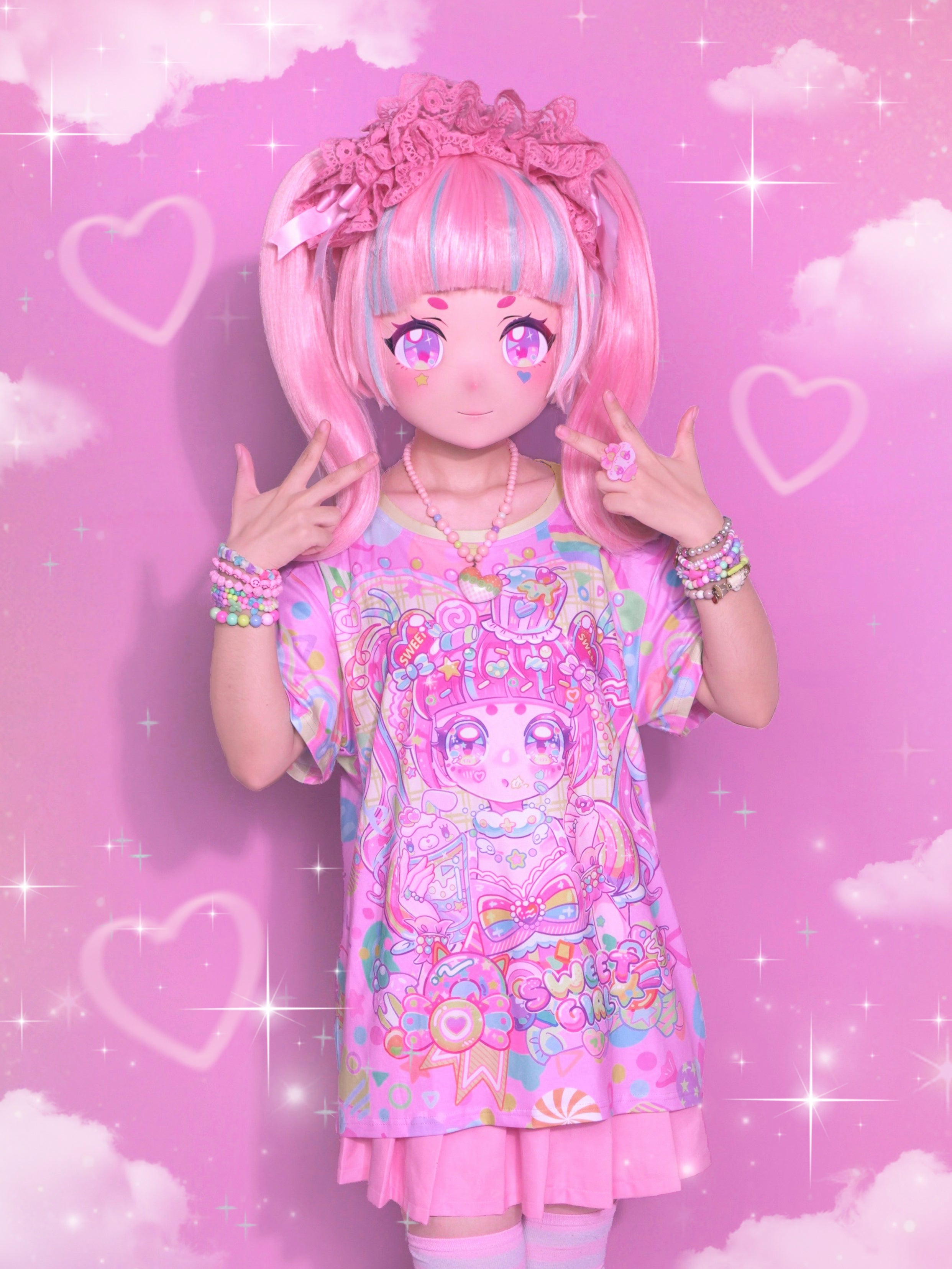 Decora Kei TShirt Pink Candy Girl Print Loose - Dream Bubble by Land Decora