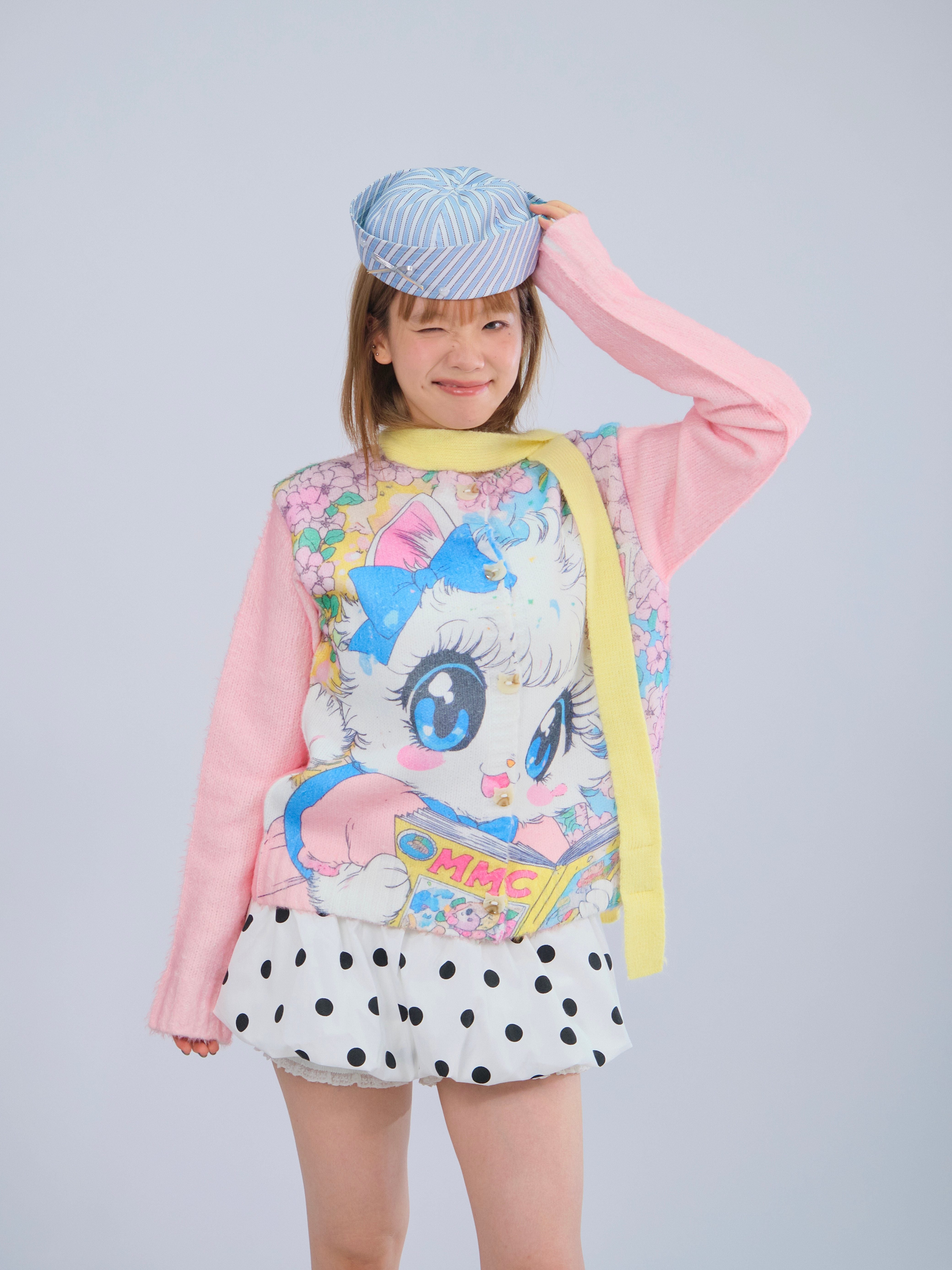 Kawaii Reading Cat Knit Cardigan Cropped Soft Slim Fit - MeowMeow Bug by Land Decora
