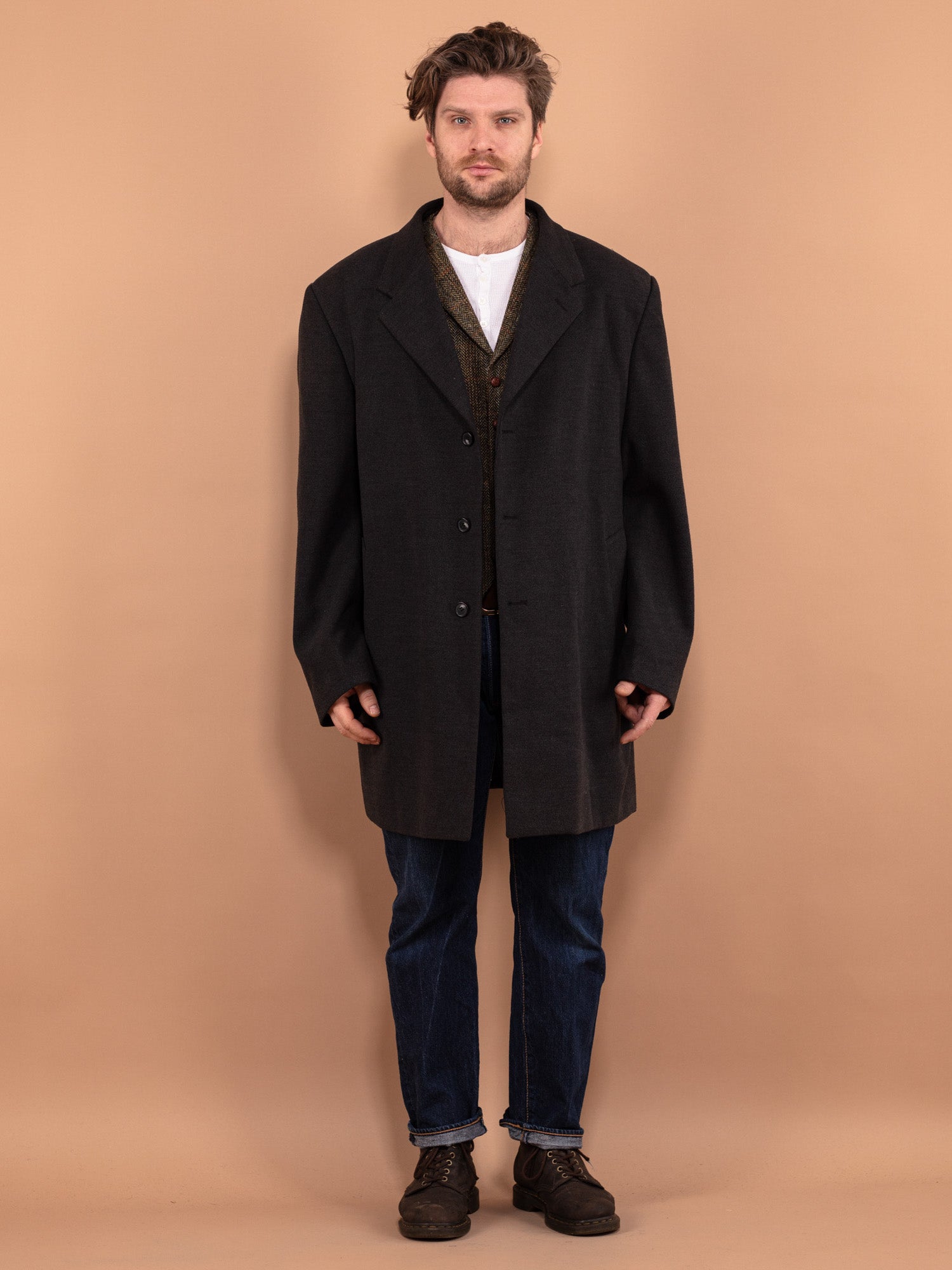 Vintage 00's Men Faux Wool Overcoat in Gray by Northern Grip