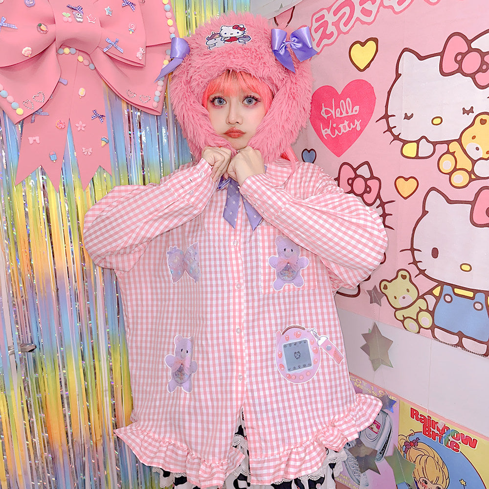 Pink Bear Print Doll Collar Shirt - FANLOVEGIRL by Land Decora