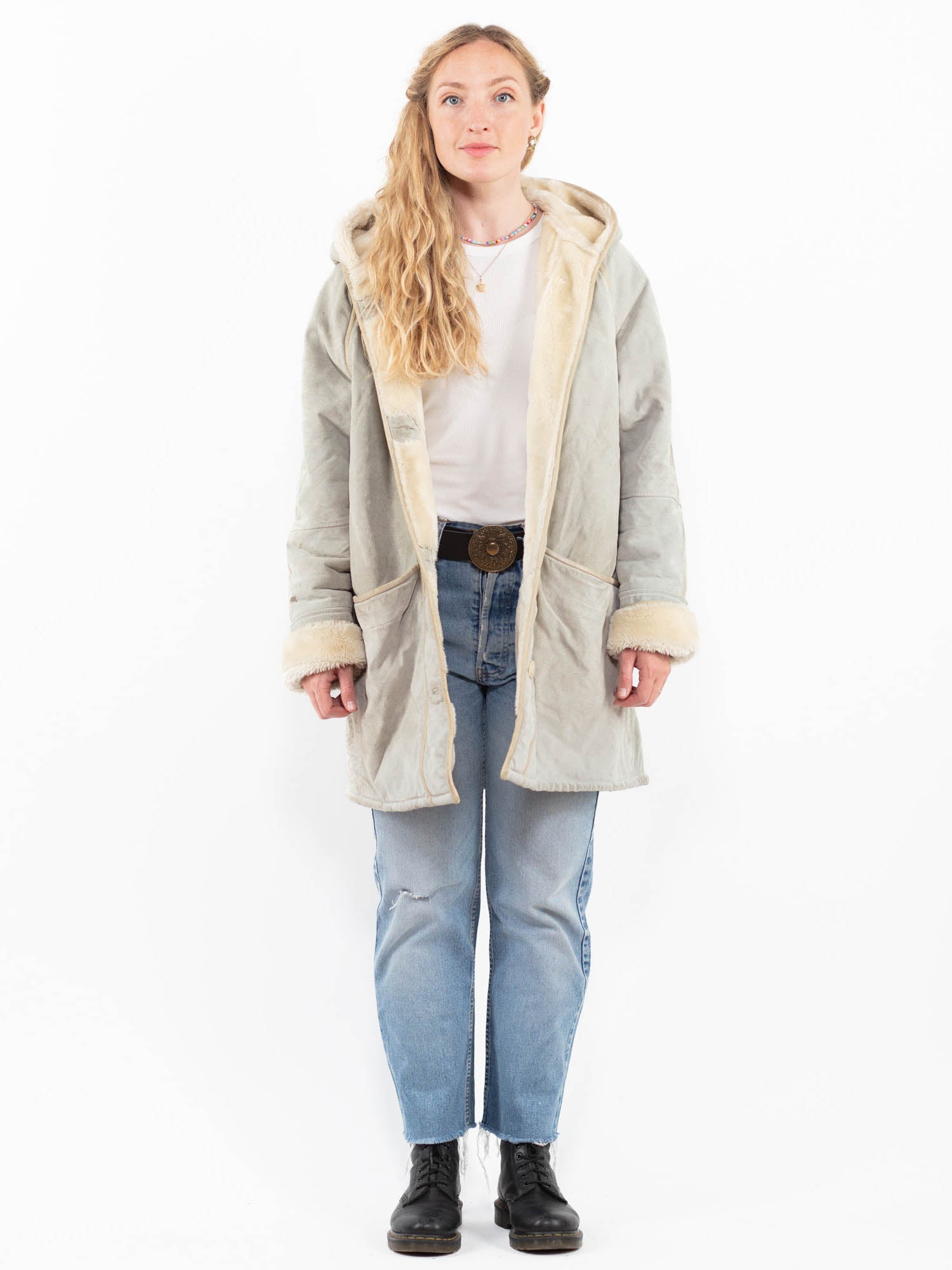 Vintage 90's Women Faux Sheepskin Coat in Green by Northern Grip